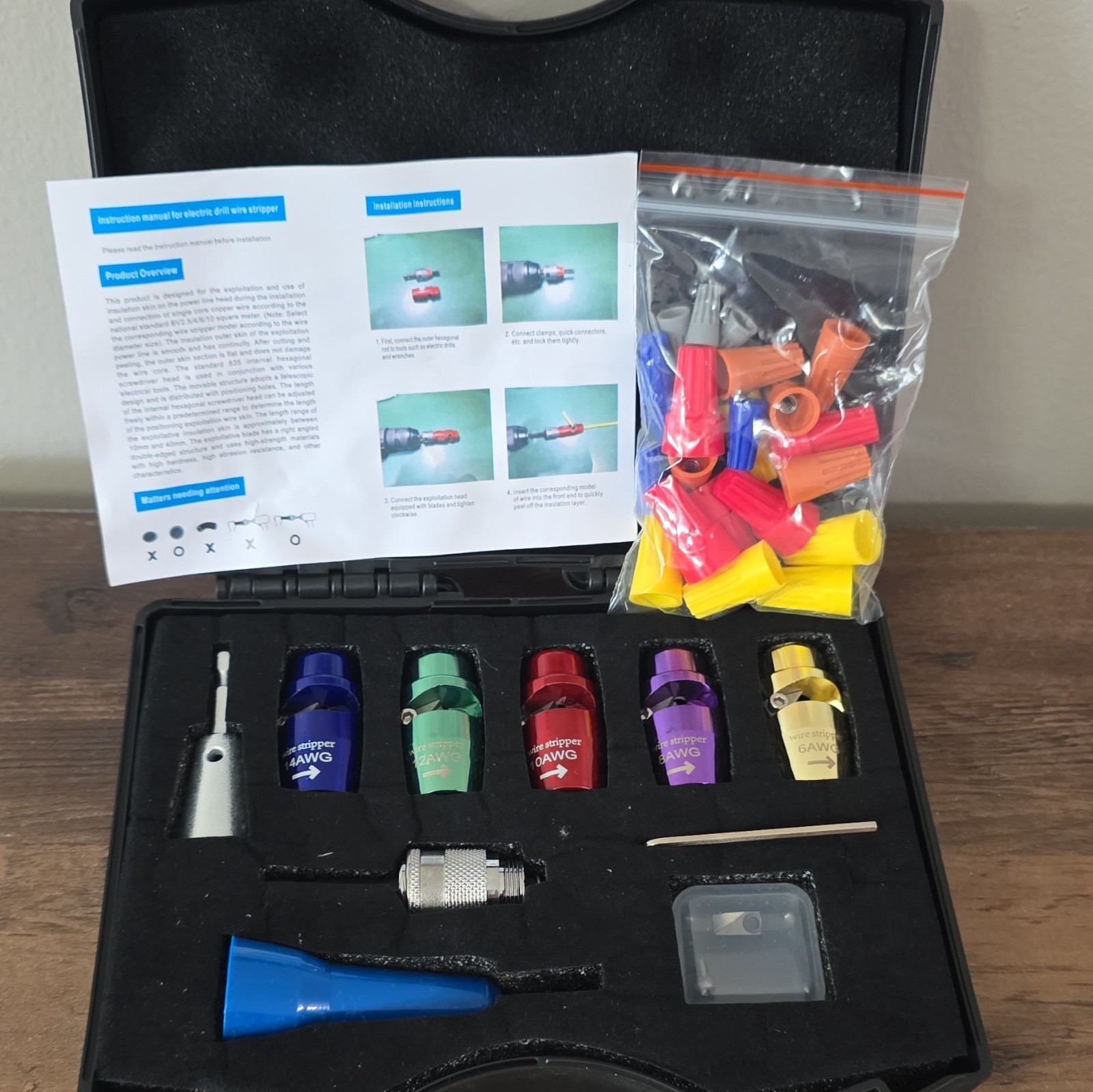 Electric Drill Wire Stripper Set 6/8/10/12/14 AWG w/ Carry Case & Manual