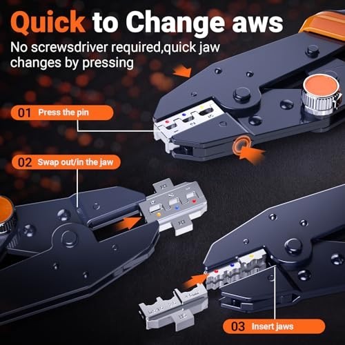 Adjustable Ratchet Crimping Tool Kit with 6 Jaws, 361pcs Terminals & Case - Elec