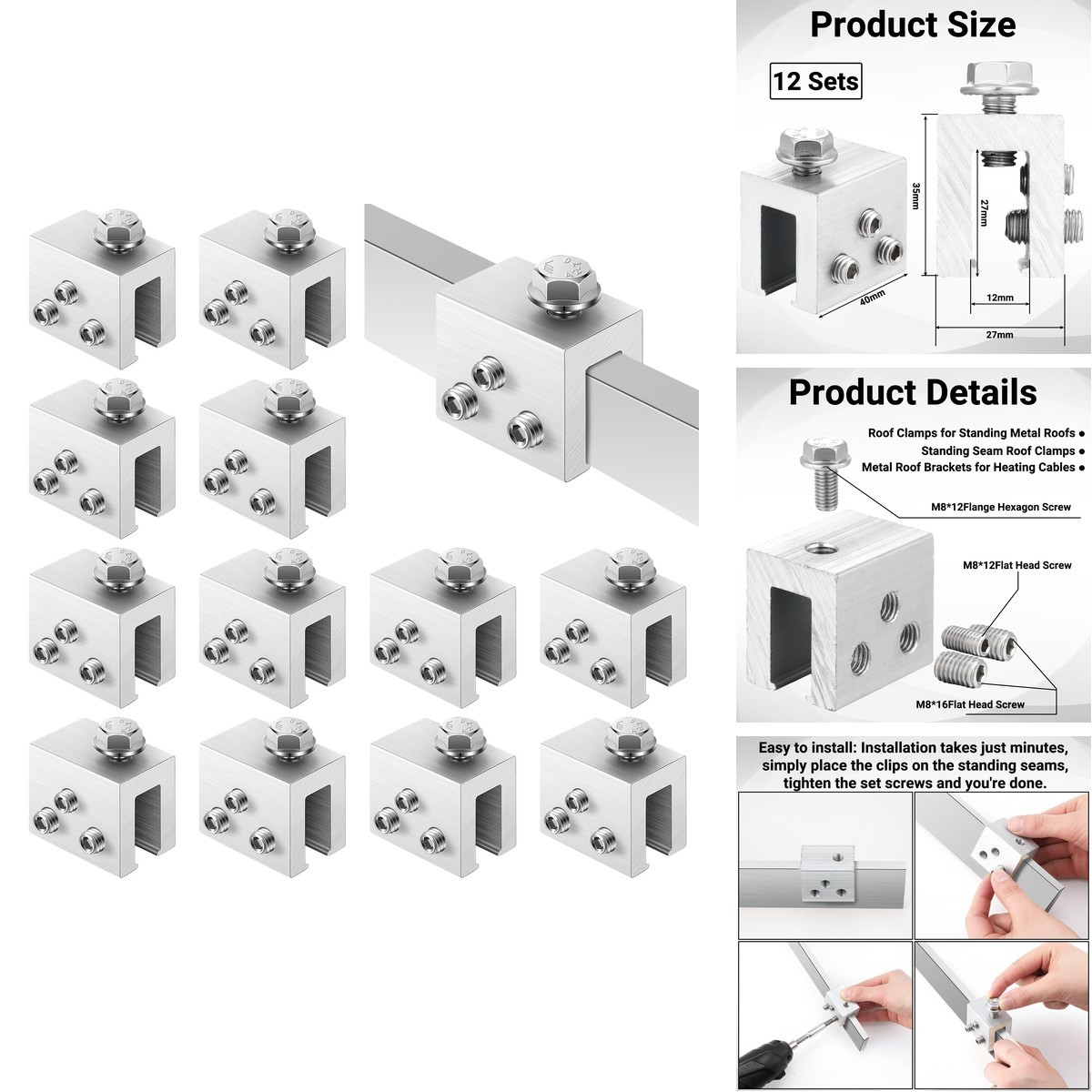 Tandefio 12 Sets Roof Clamp Standing Metal Roof Standing Seam Bracket Clamp