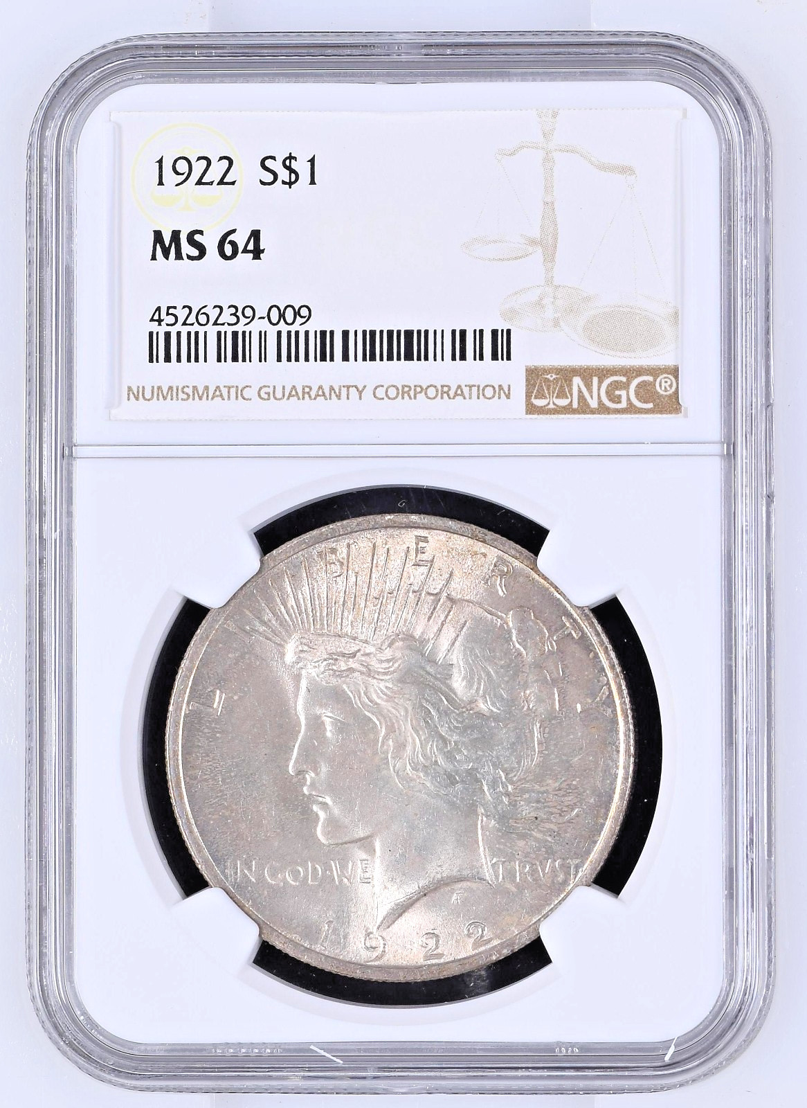 1922 PEACE DOLLAR  90% SILVER NGC MS64 BROWN LABEL UNCIRCULATED BU $125 VALUE