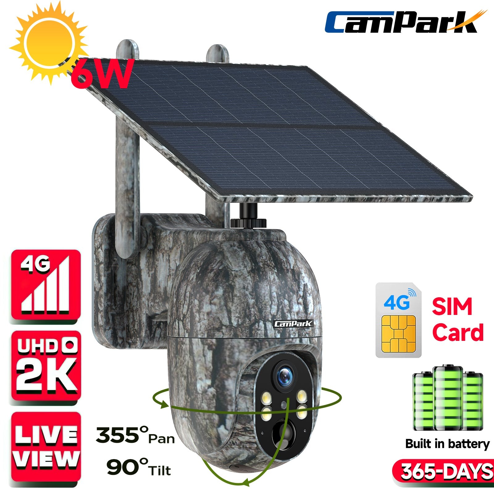 Campark 2.5K 4G LTE Solar 360° PTZ Trail Camera Game IP66 Security Cam SIM Card