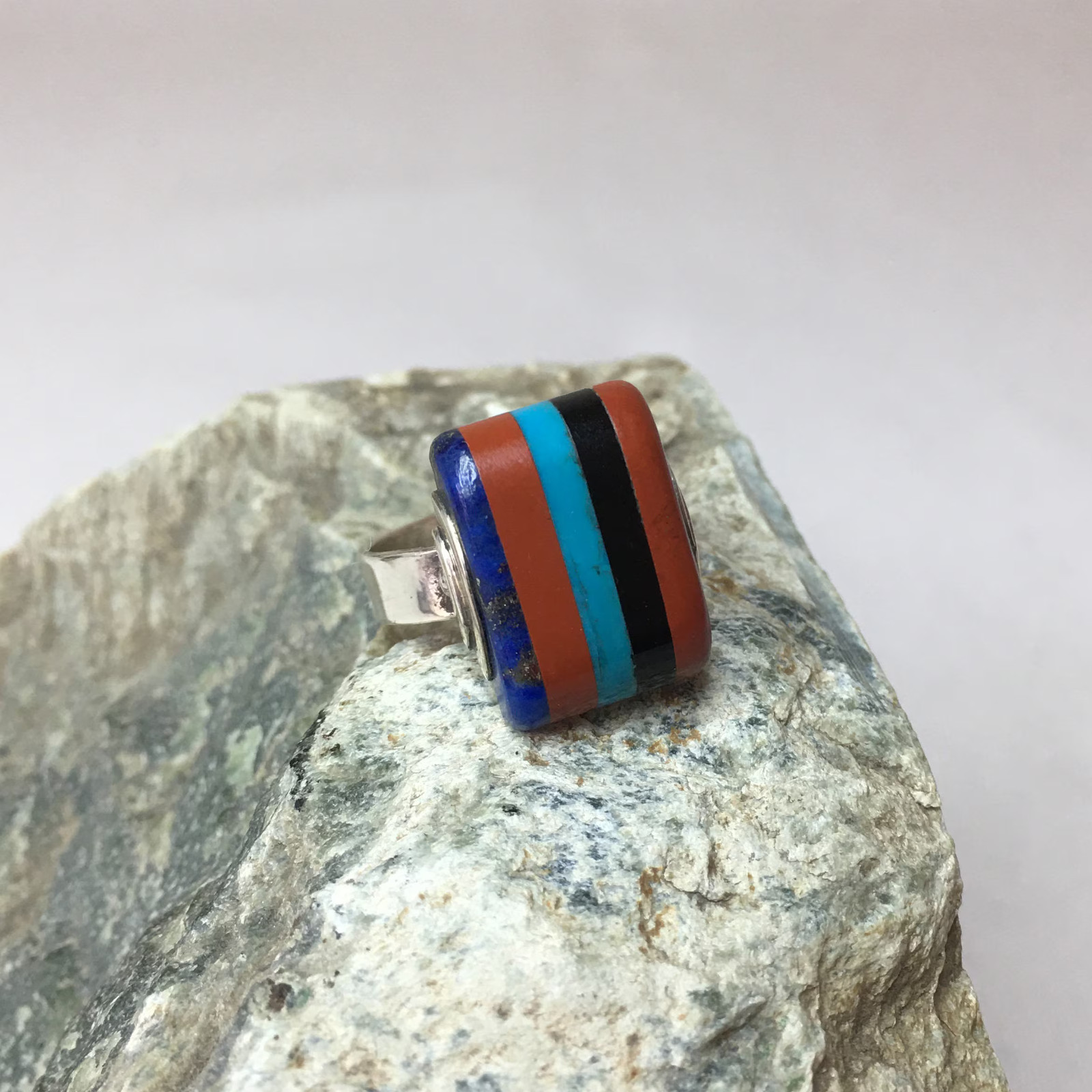 Handmade Natural Multicolor Stones, Sterling Silver Ring, Sizes- 6 1/4, 6 3/4