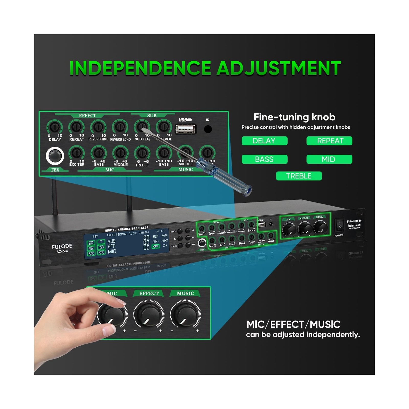 AX-666 Professional Karaoke Processor KTV Mixer with Dual Wireless Microphone...