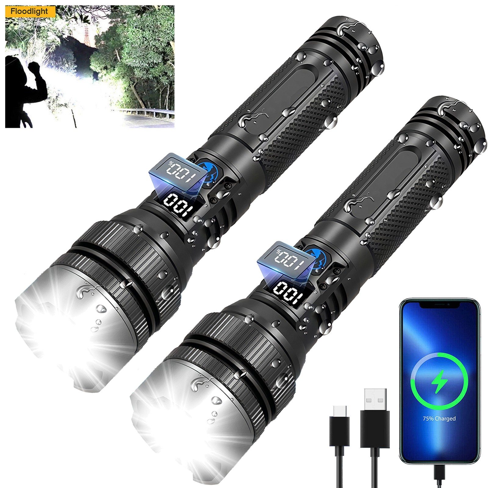 Portable Tactical Flashlight Super Bright LED Rechargeable Flashlights USB 2PACK