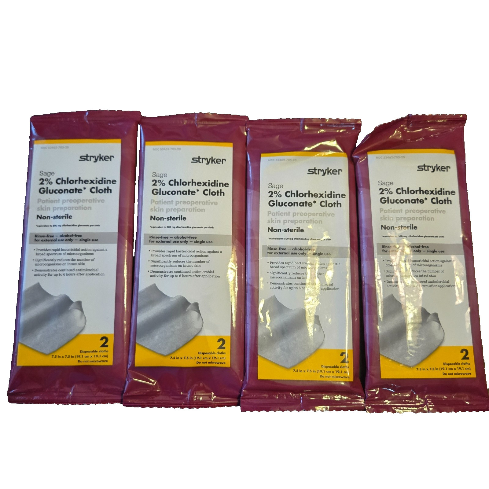 Lot 4 Packs Stryker Sage 2% Chlorhexidine Gluconate Bath Clothes (8 Total)
