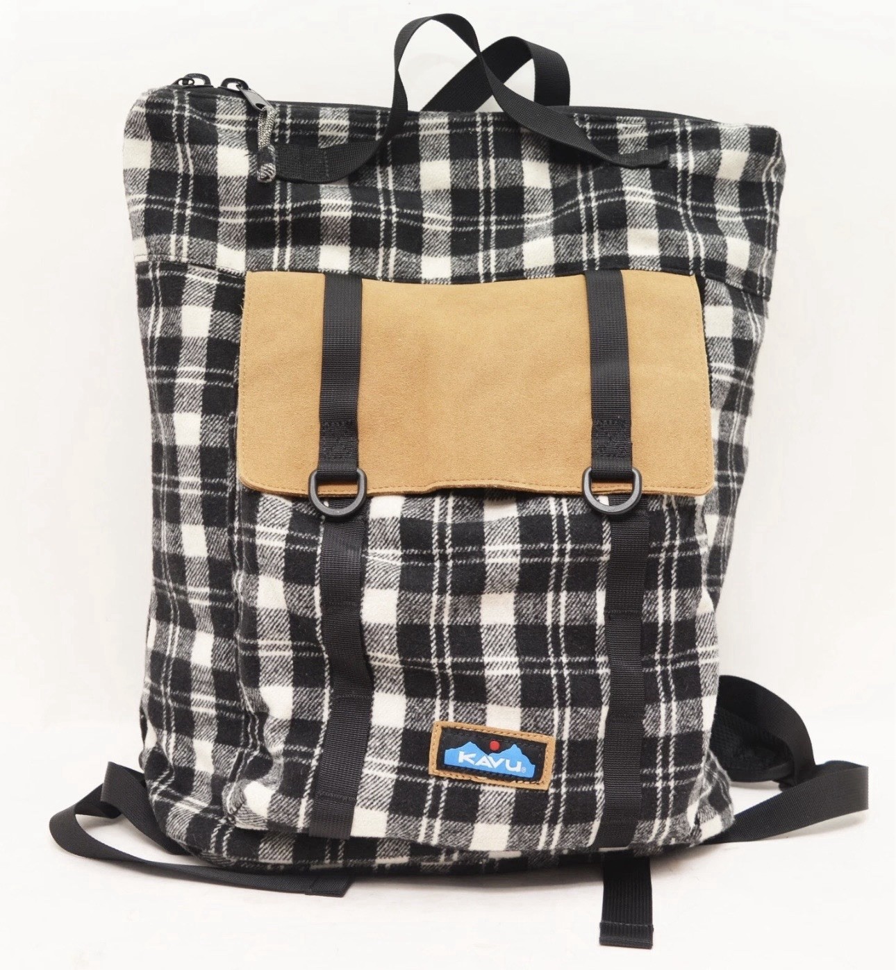 KAVU Rainier Rucksack Black White Plaid Daypack H2O Resistant Faux Leather NEW!