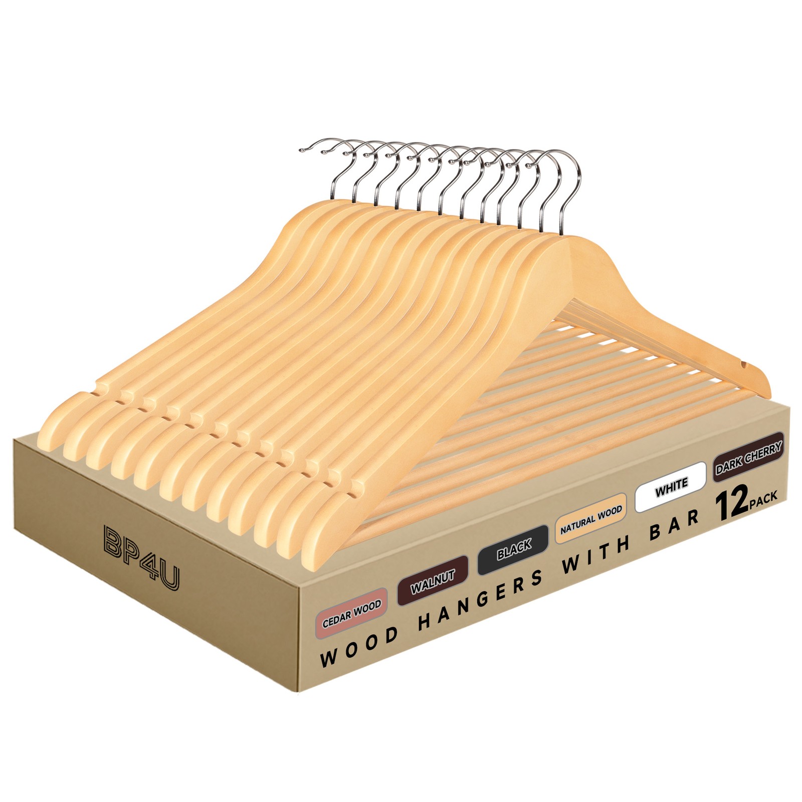 BP4U Wooden Clothes Hangers w/Pants Bar for Suits/Coats/Dress/Jackets/Dresses
