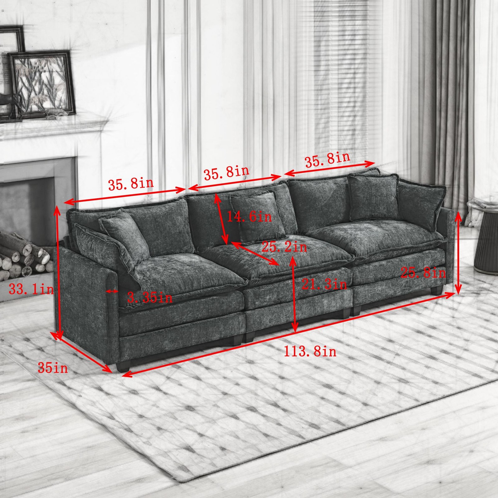 3-Seat Sectional Sofa Cloud Couch, Gray Chenille Fabric Medium-Soft
