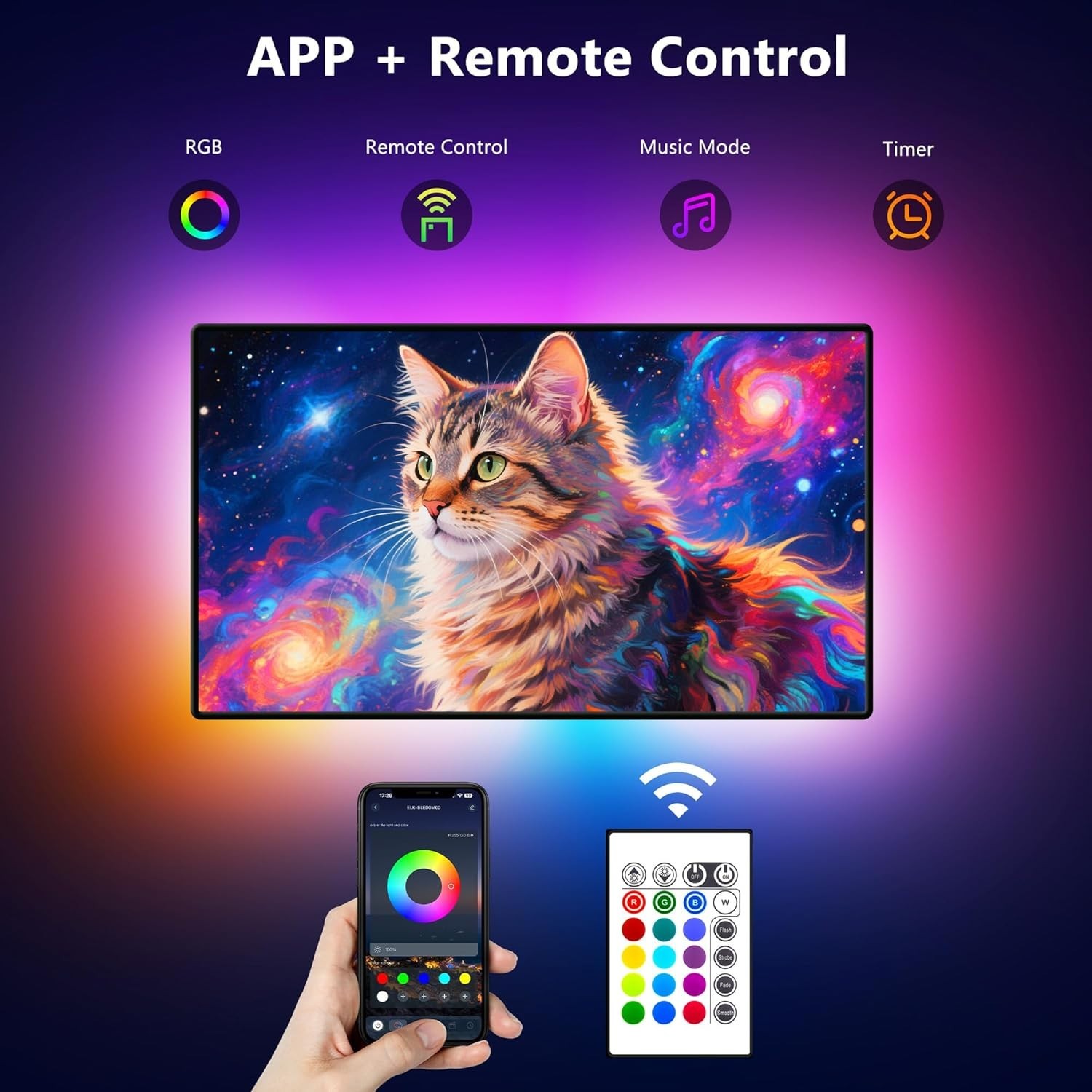 Dynamic 8.2ft LED Strip Lights for 40-60 Inch TVs - Music Sync & Remote Control