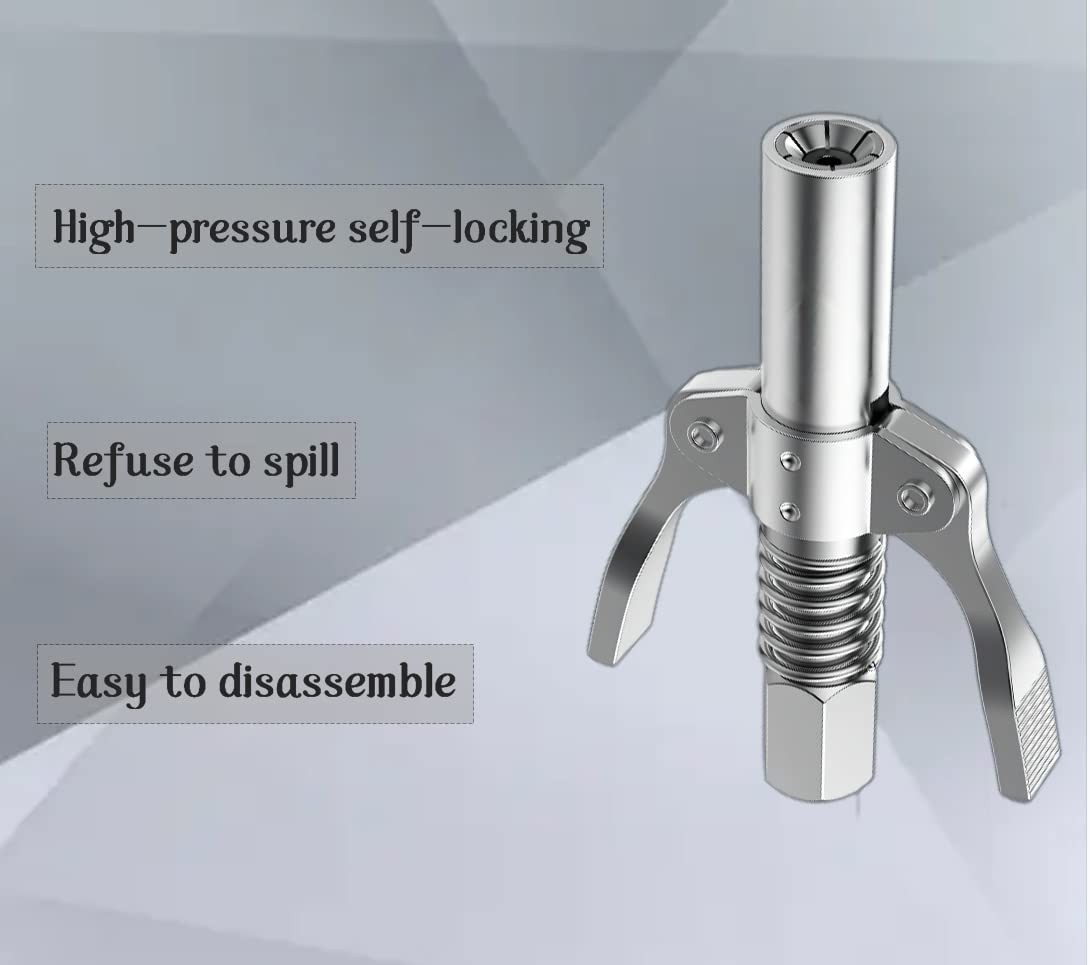 Locking grease gun coupler allows for easy release of from grease...