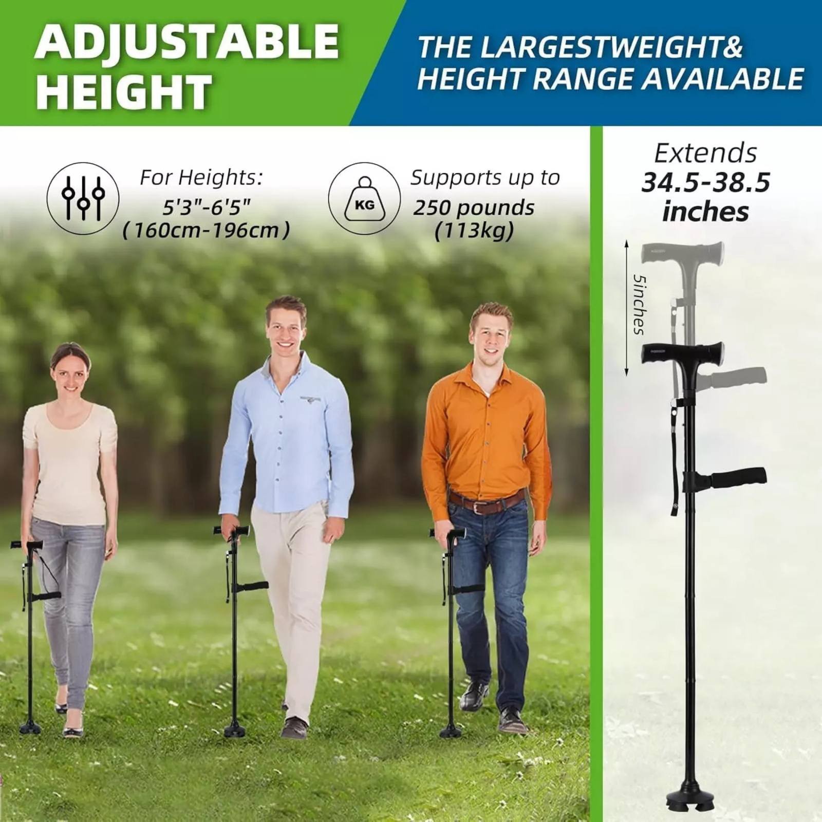1PC Foldable Walking Cane W/LED Light&Alarm Adjustable Height Non-Slip Base