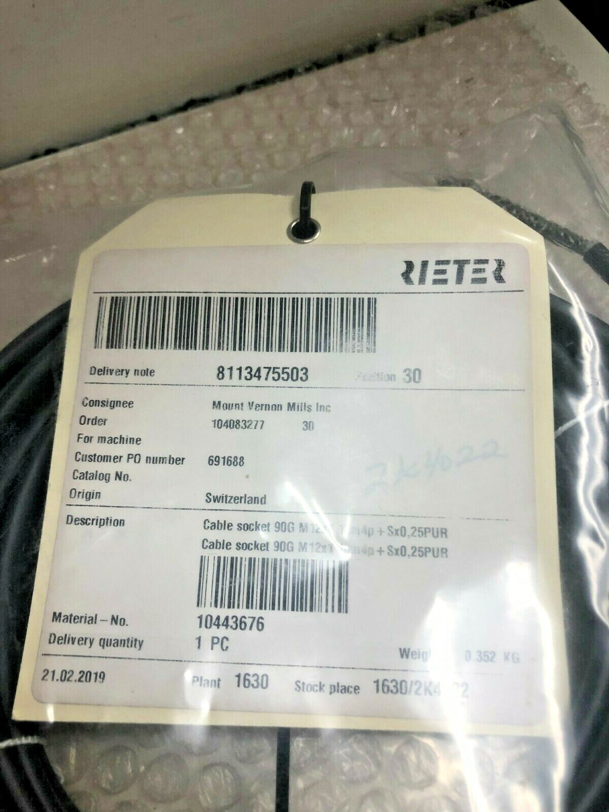 NEW RIETER CABLE SOCKET 90G M 12X1 10M4P+SX0,25PUR