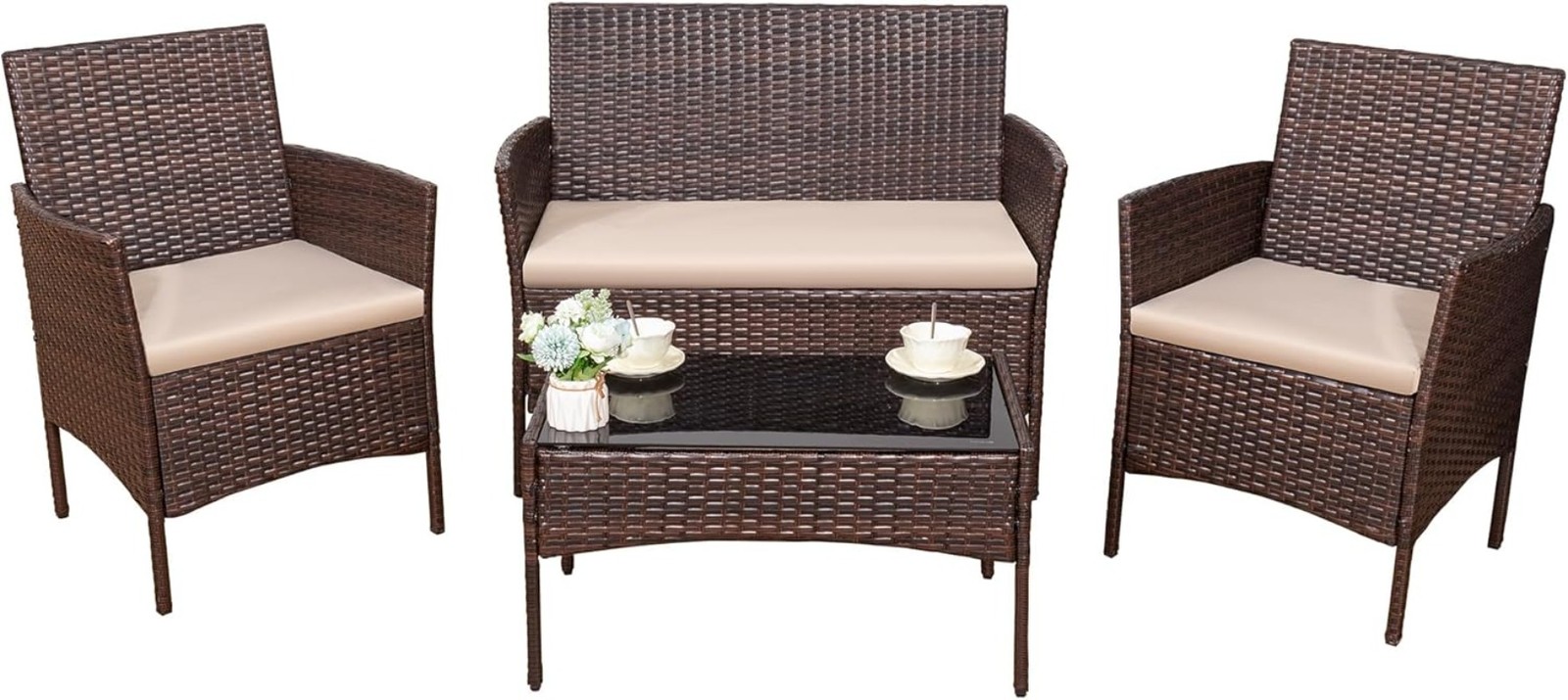 4 Pieces Outdoor Patio Furniture Set PE Rattan Wicker Chairs Balcony Lawn Porch