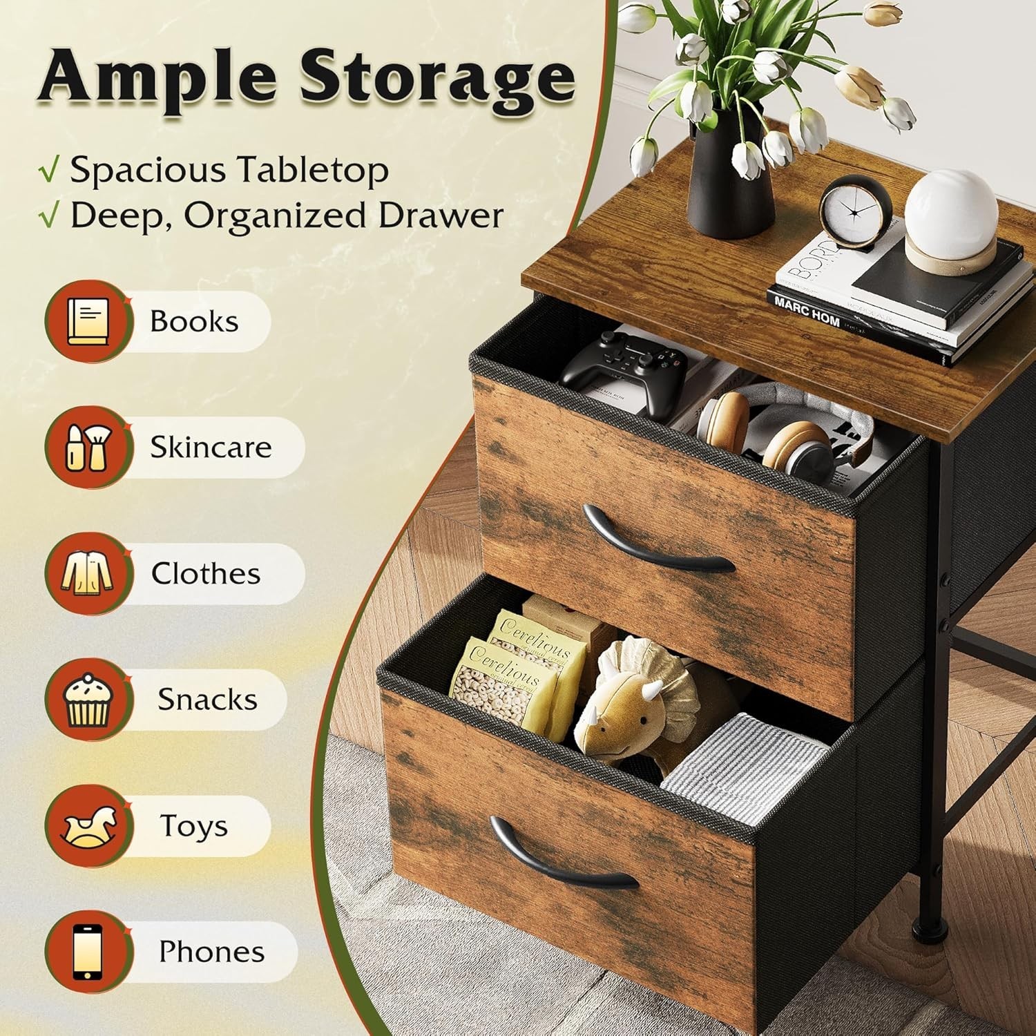 Stylish Bedside Table & Dresser Combo in Rustic Brown with Quick Assembly