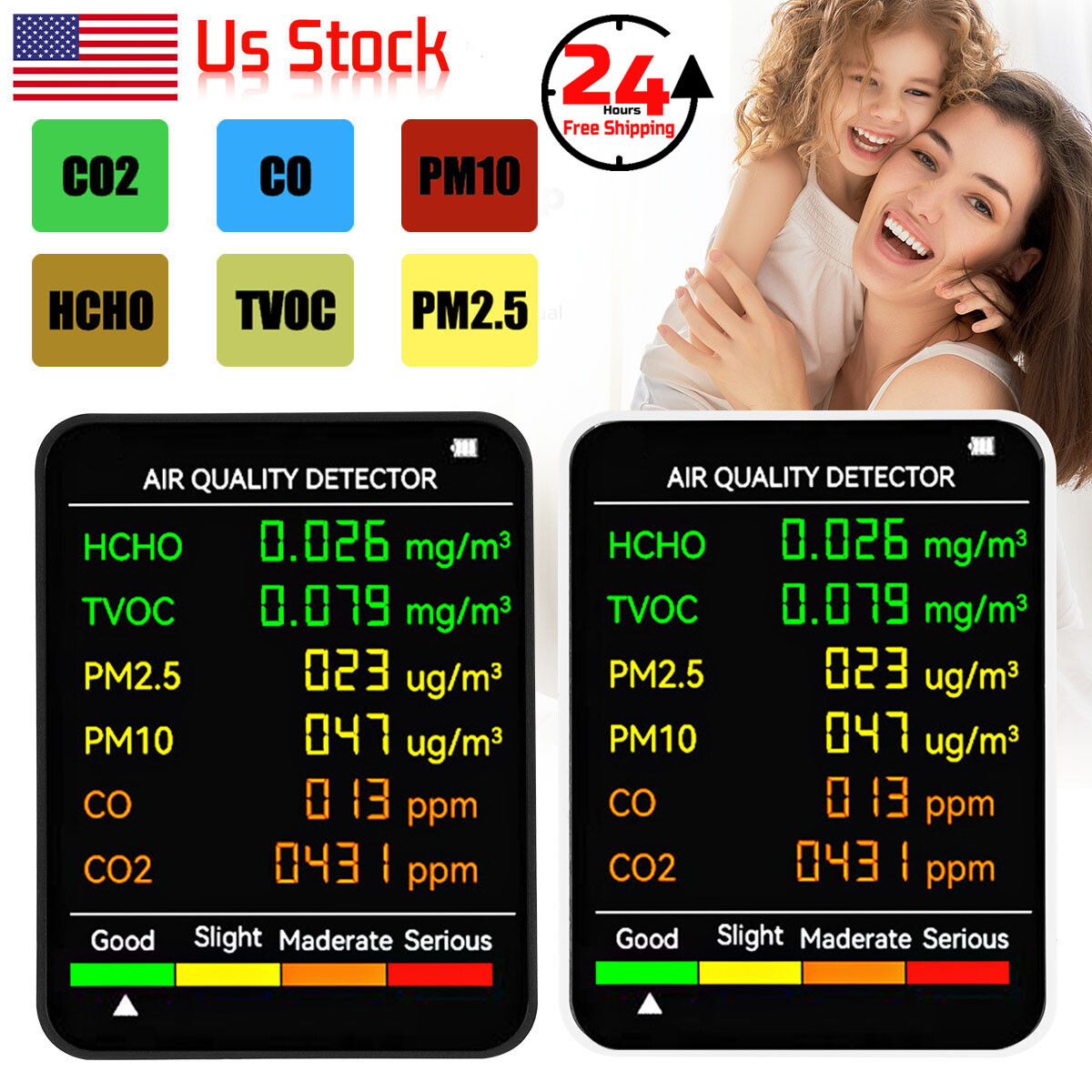 6in1 Air Quality Monitor CO PM2.5 TVOC HCHO Detector Carbon Dioxide Exceed Alarm