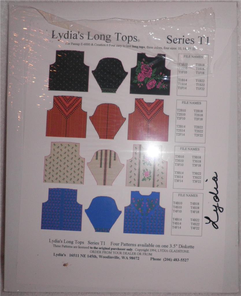 LYDIA'S Long Tops  T1 Passap E6000 & Creation 6 Machine Knitting Pattern w Disk