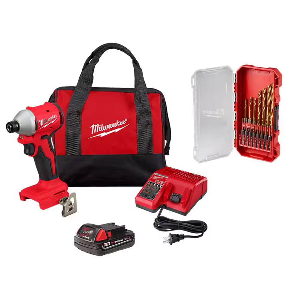 M18 Milwaukee Impact Driver Kit 2Ah Battery, Charger & Drill Bit Set (15-Piece)