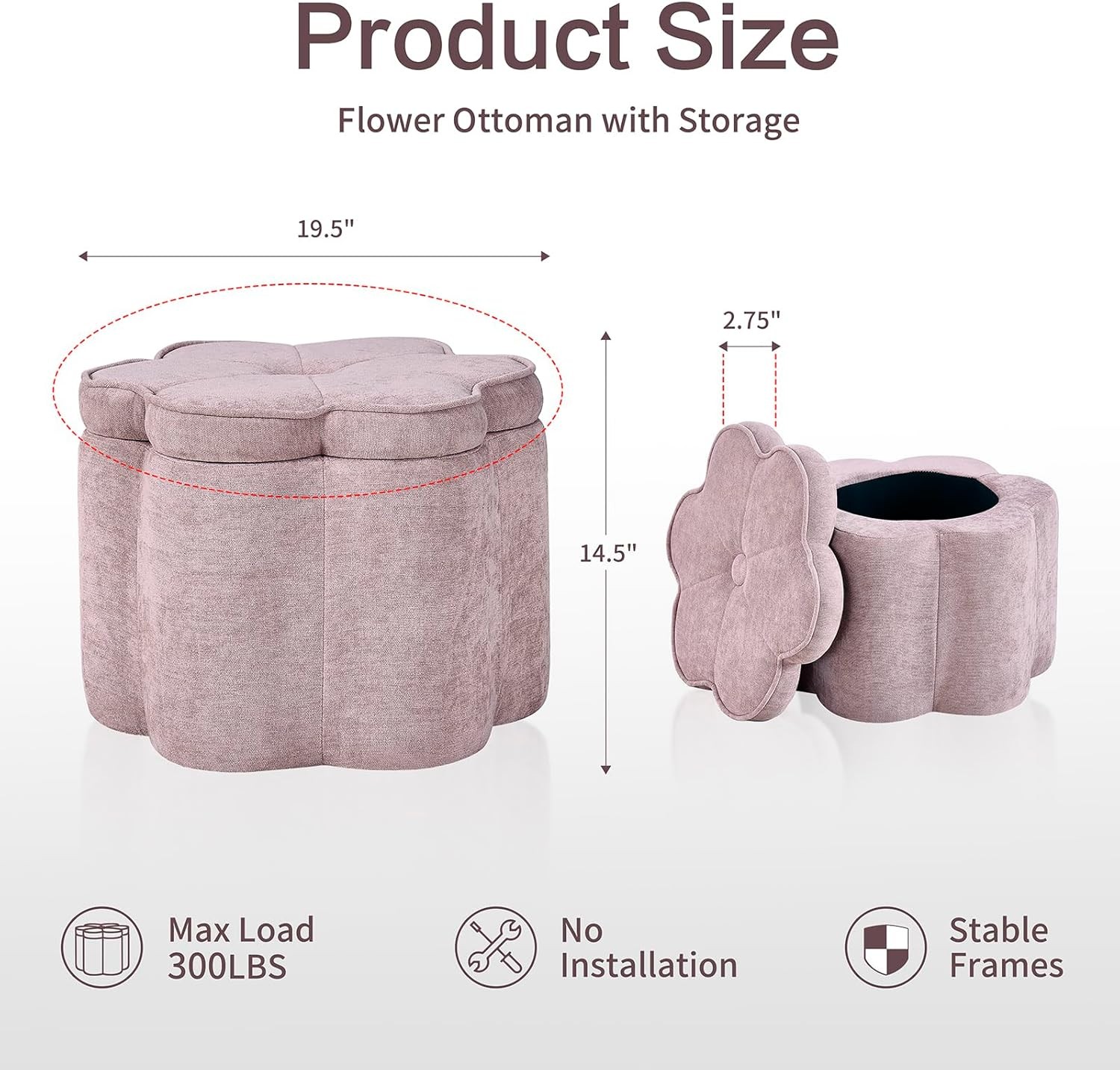 Small Pink Storage Ottoman Flower Shape Chenille Ottoman Pouf
