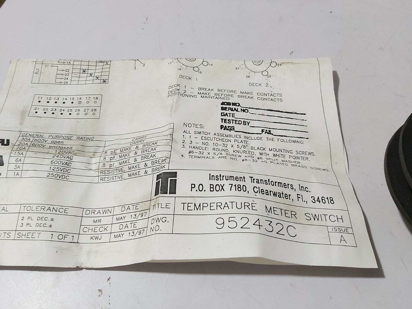 INSTRUMENT TRANSFORMER INC 952432C TEMPERATURE METER SWITCH