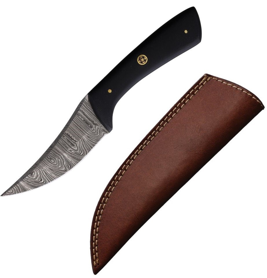 FH Knives Fixed Knife 4" Damascus Steel Full Tang Blade Black Micarta Handle