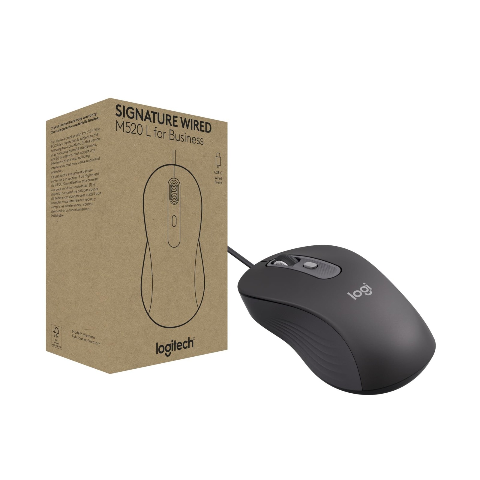Logitech Signature Wired M520 L for Business, Optical Wired Mouse, USB-C Plug...