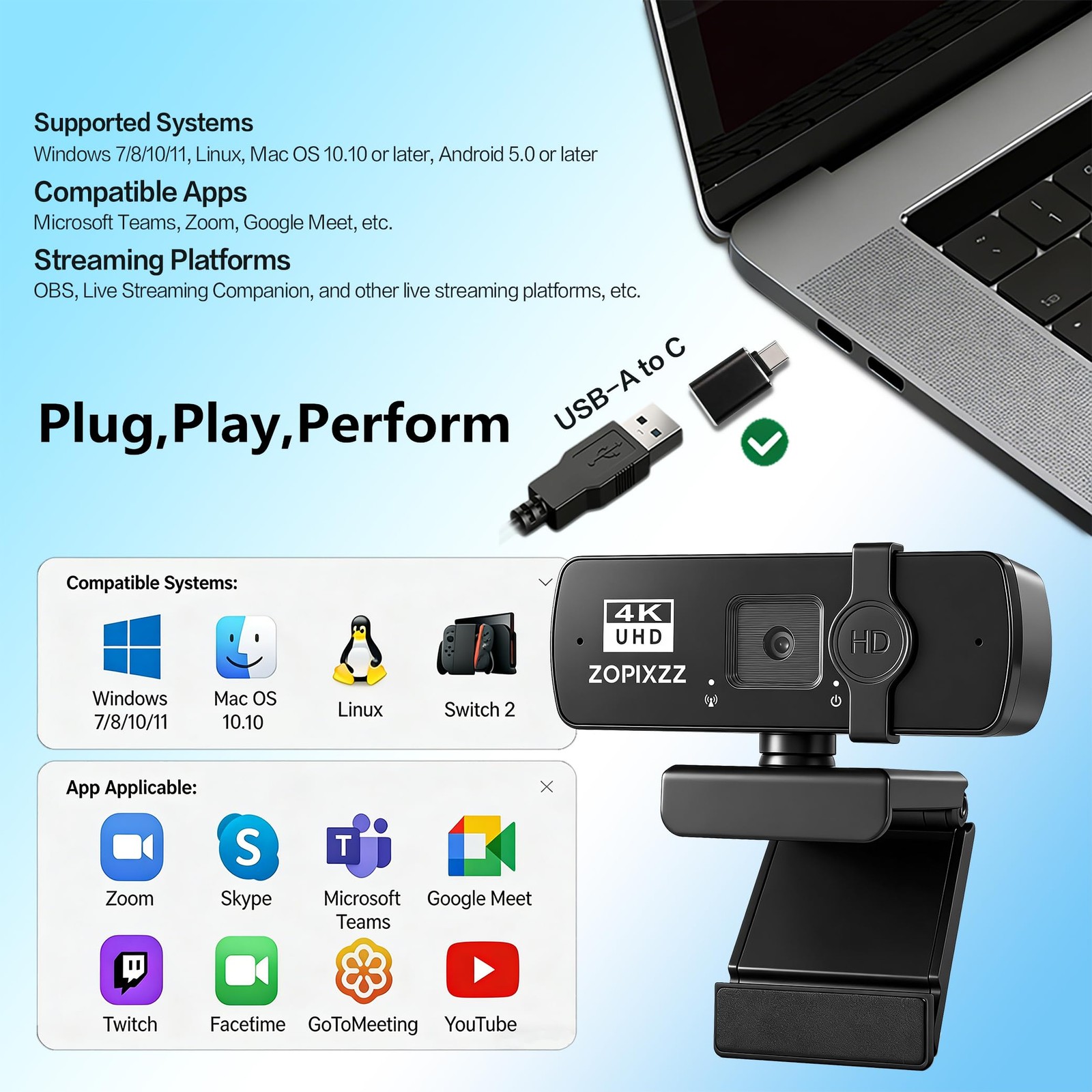 4K Webcam with Tripod, PC Ultra HD Web Camera with Microphone, PDAF Autofocus...