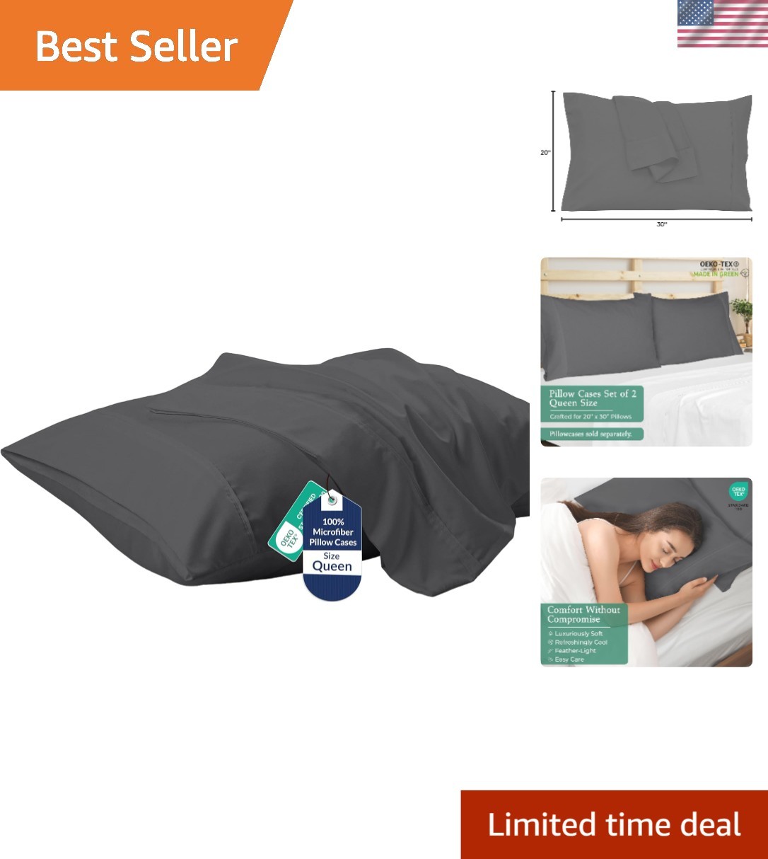 Elegant 2-Piece Queen Pillowcase Set - Wrinkle Resistant, Soft Grey Microfiber