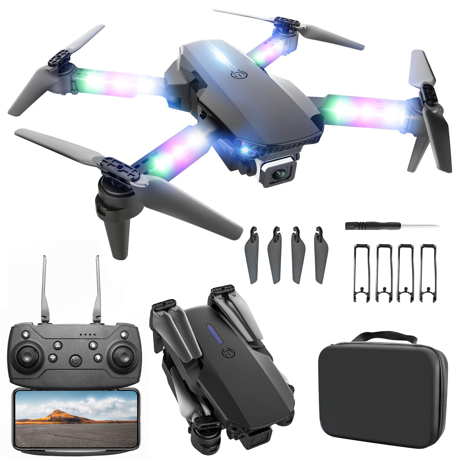 LED Lights Drone with Camera for Adults and Kids Beginners, Black