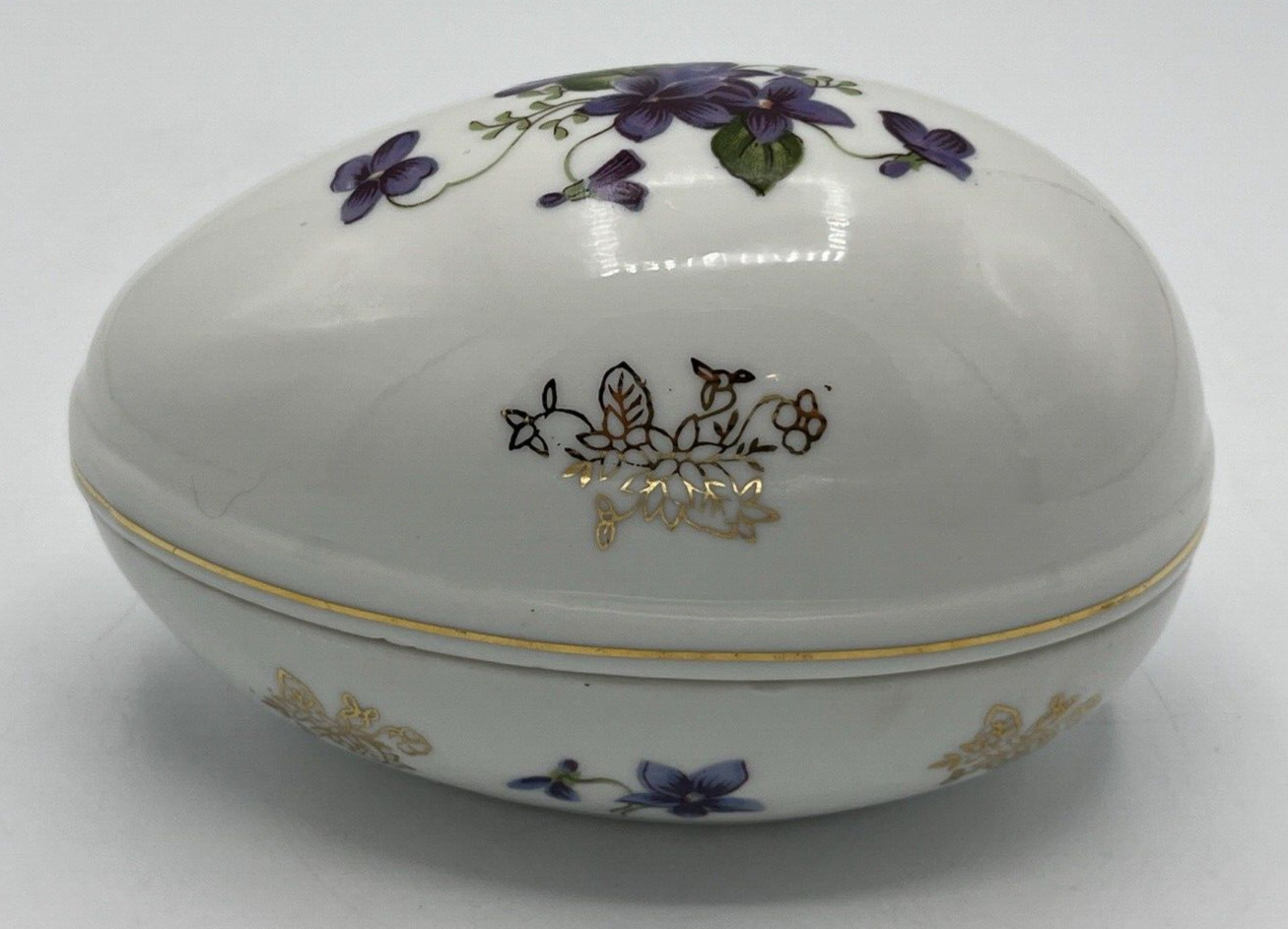 Lefton China Egg Trinket Box #2209 Hand Painted Lilacs Gold Trim 5 1/2"
