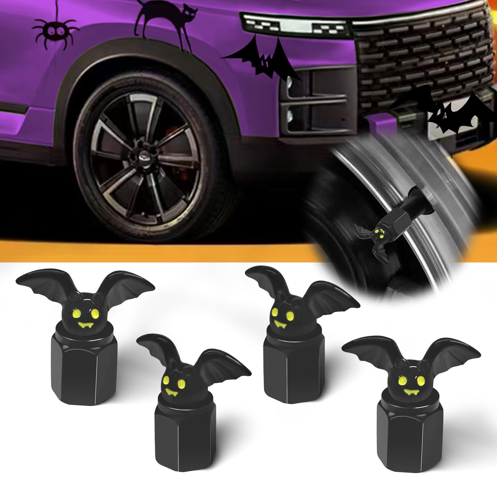 MR3XL Bat Tire Stem Caps, 4 Pcs Cute Halloween Car Decor, Valve