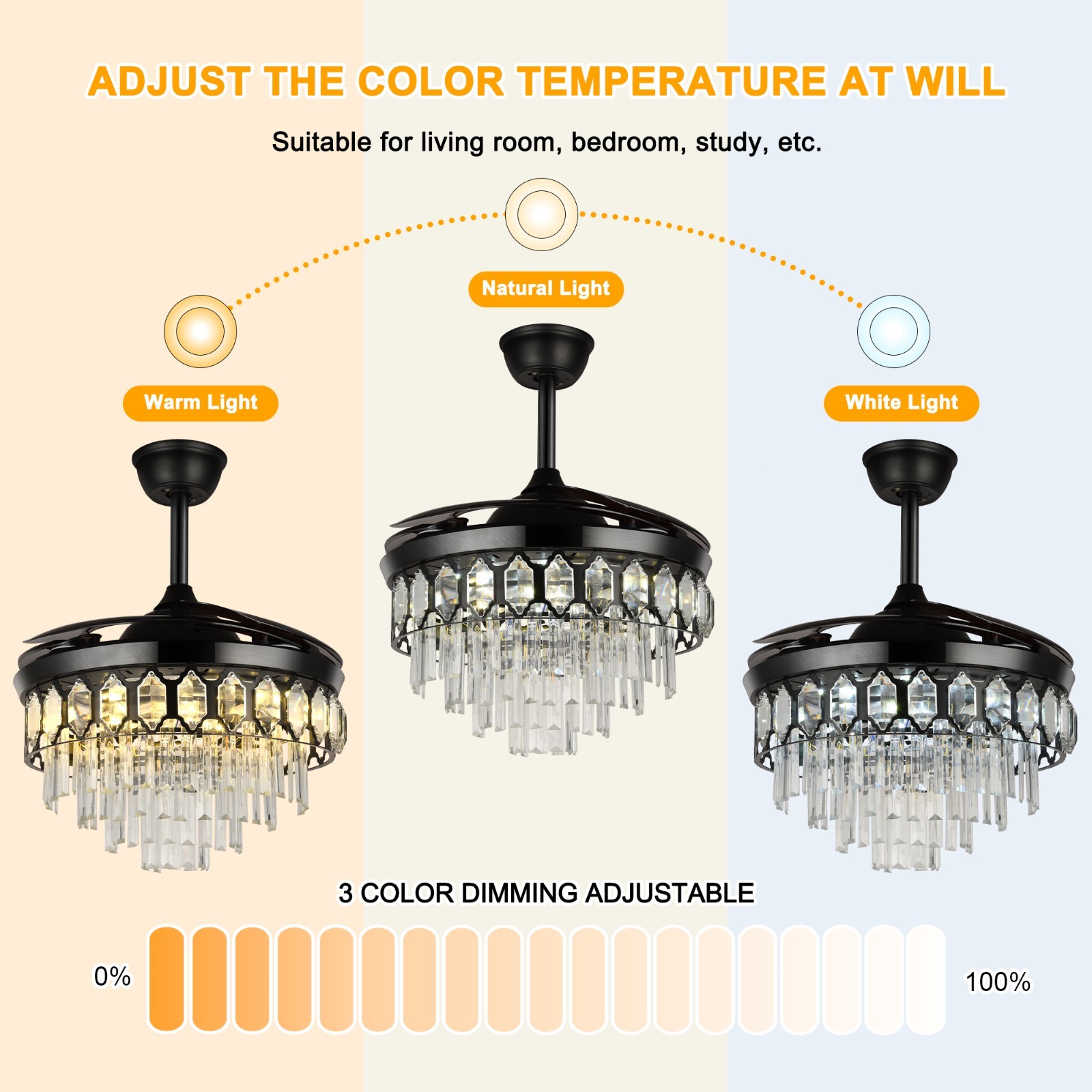 Luxury 42" Retractable Crystal Ceiling Fan Light w/ Remote, 6-Speed
