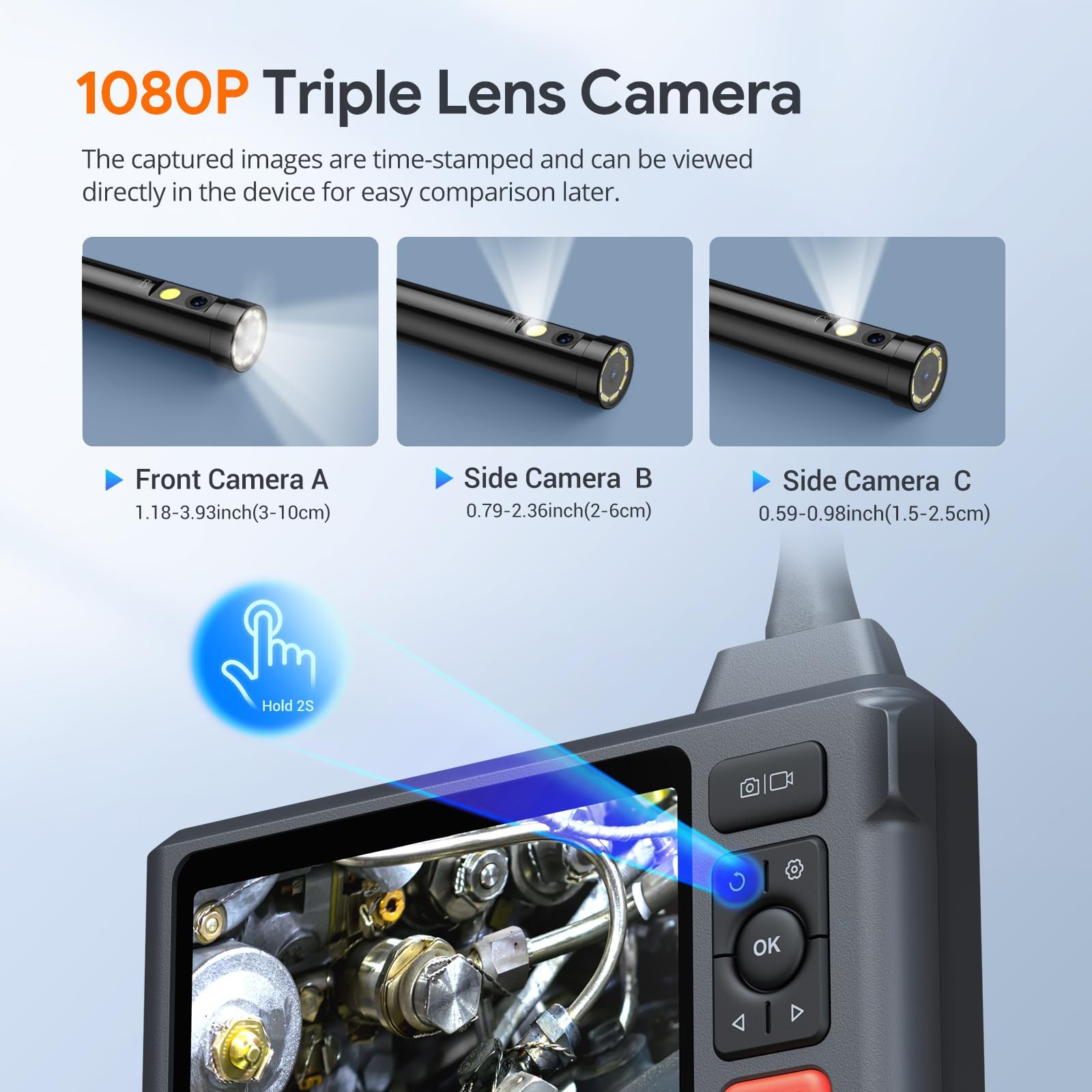 Triple Lens Endoscope Camera with Light with 50FT Semi-Rigid Cable, 5" IPS Sc...