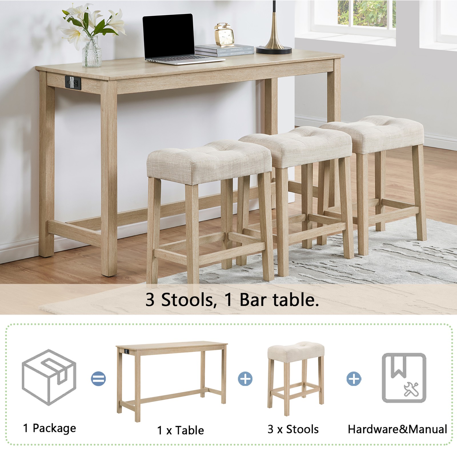 4 Piece Bar Table Set with Power Outlet,Bar Table Set with Chairs,Sofa Bar Table