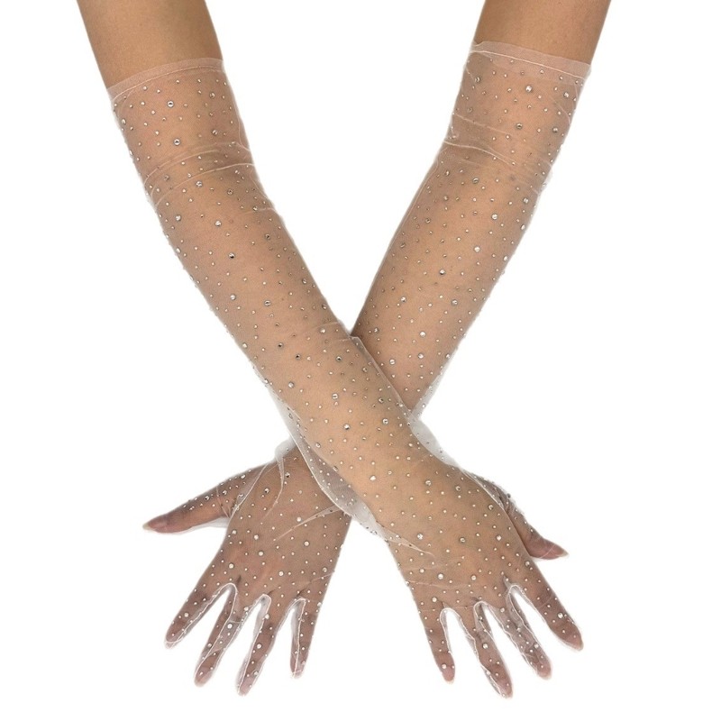Comfortable Long Gloves White Lace Rhinestones Decors Special Event Accessories