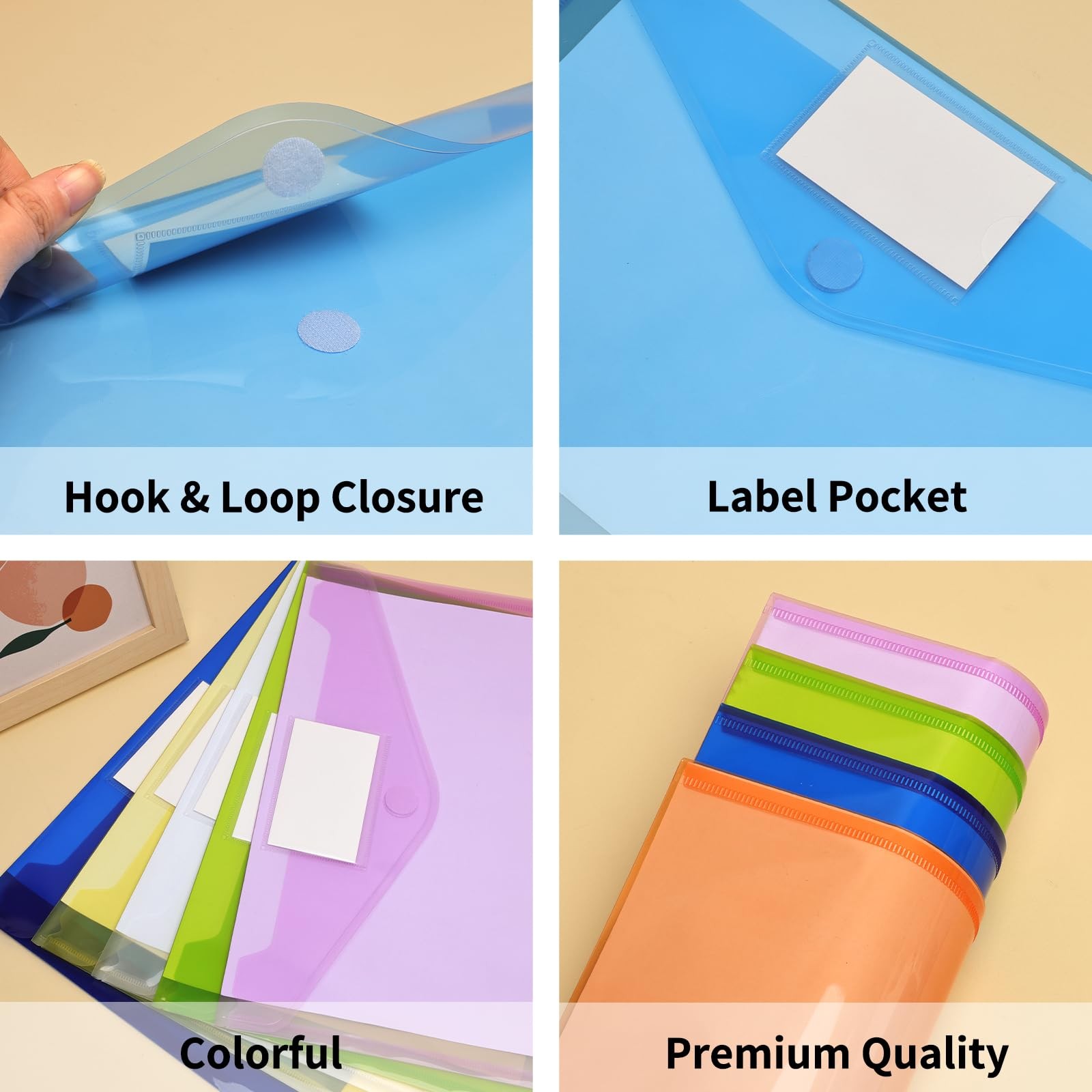 30 Pack 10 Color Plastic Envelopes Poly Envelopes, Hook & Loop Closure File F...