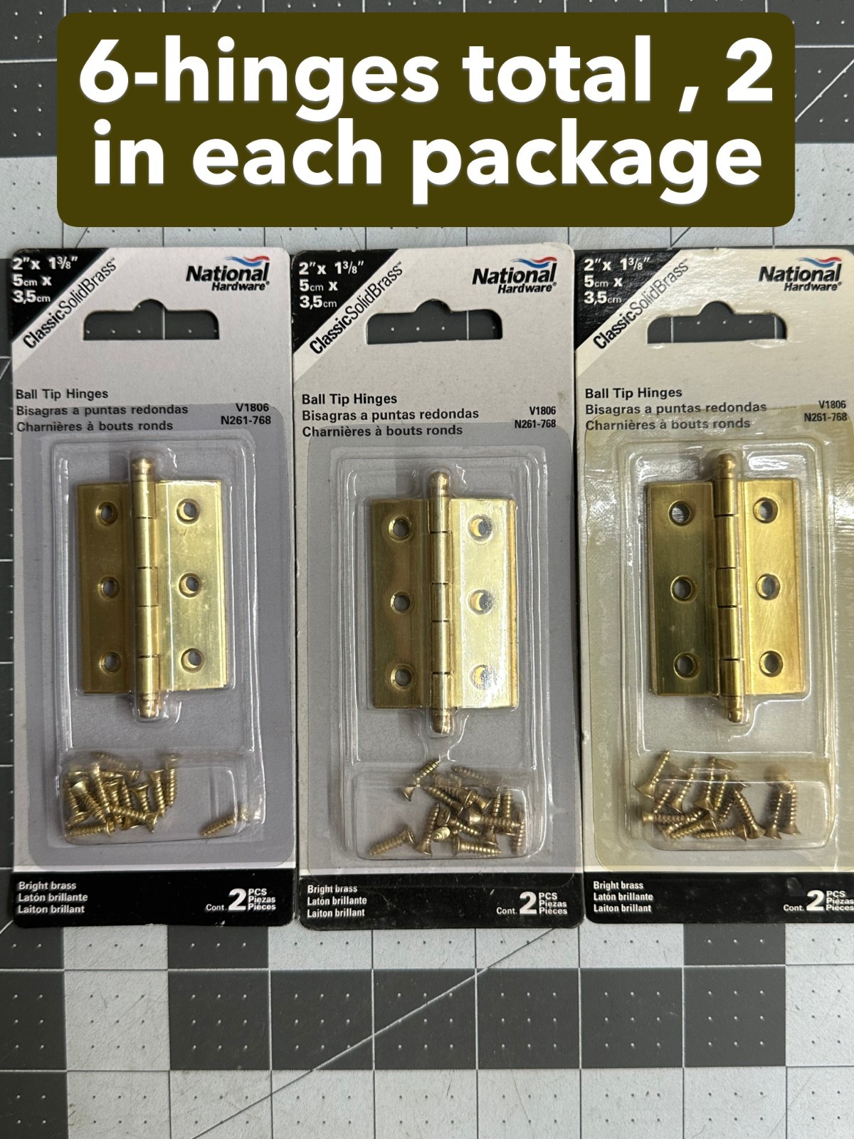 3-pack lot 2/PC (6 hinges) National Hardware N261-768 Bright Brass Mini Ball 2"