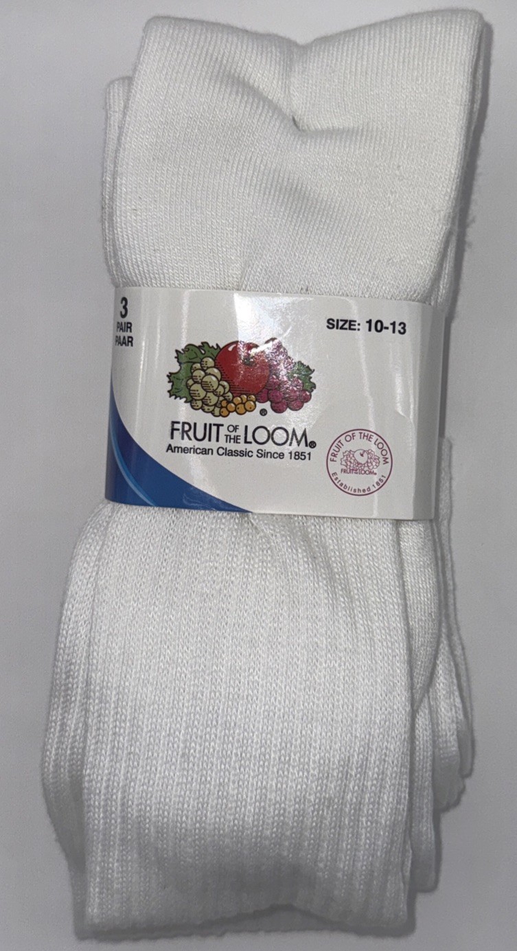 Fruit of The Loom White Tube Socks 3 Pairs Men’s 10-13 Crew, Over The Calf