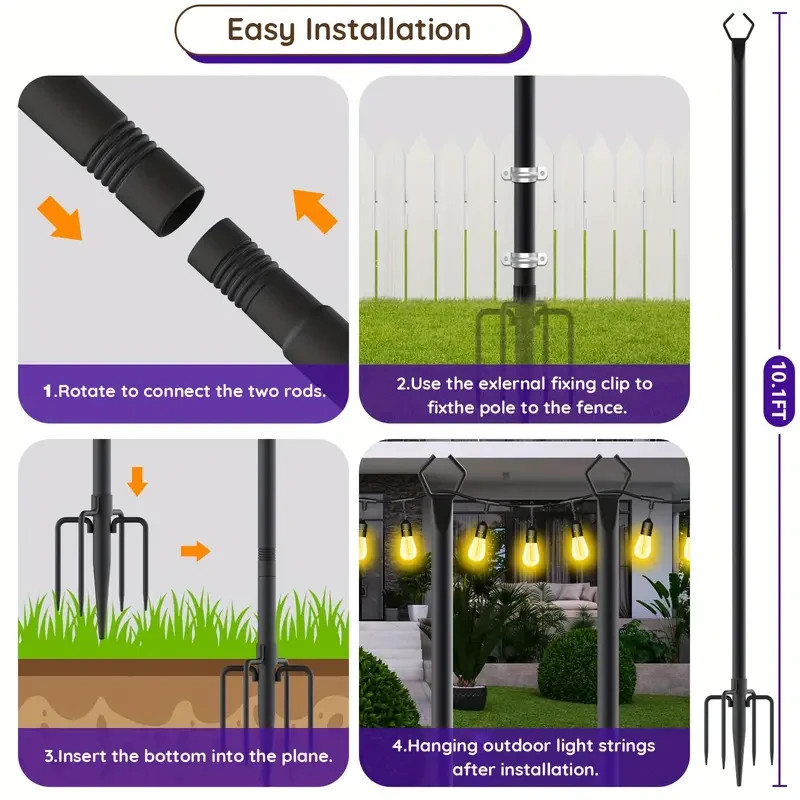 10Ft String Light Poles 4 Pack,Light Poles for Outside Lights,Outdoor with Fe...