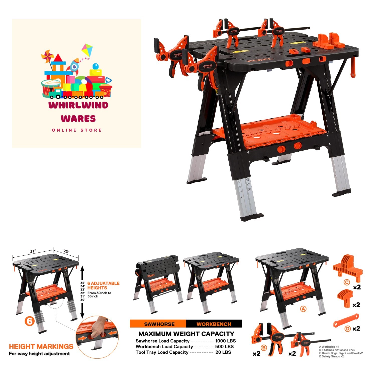 Portable Folding Work Table, 2-in-1 as Sawhorse & Workbench, 31” W×25” D×25”-...