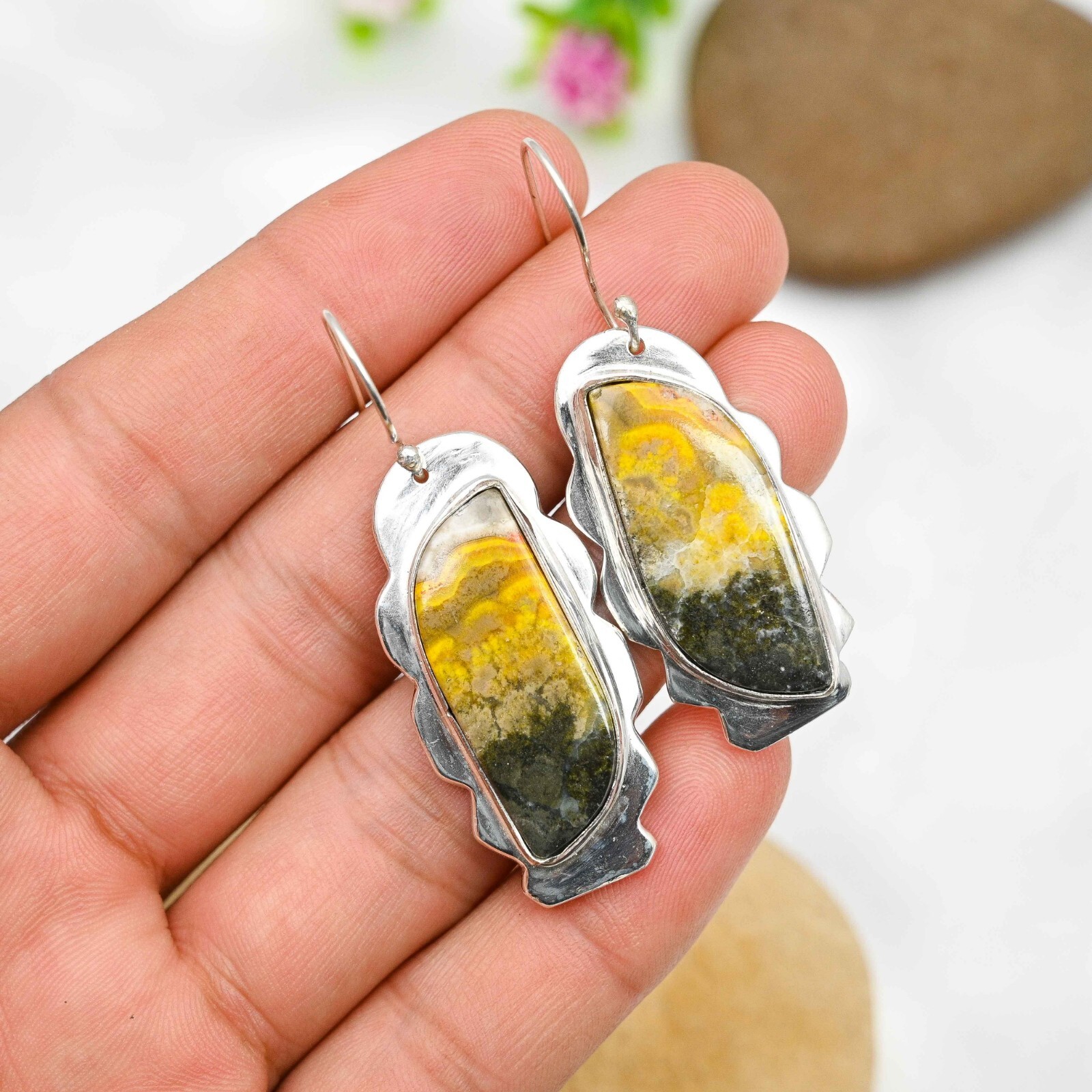 Natural Bumble Bee Jasper Gemstone Earrings 925 Sterling Silver Handmade Jewelry