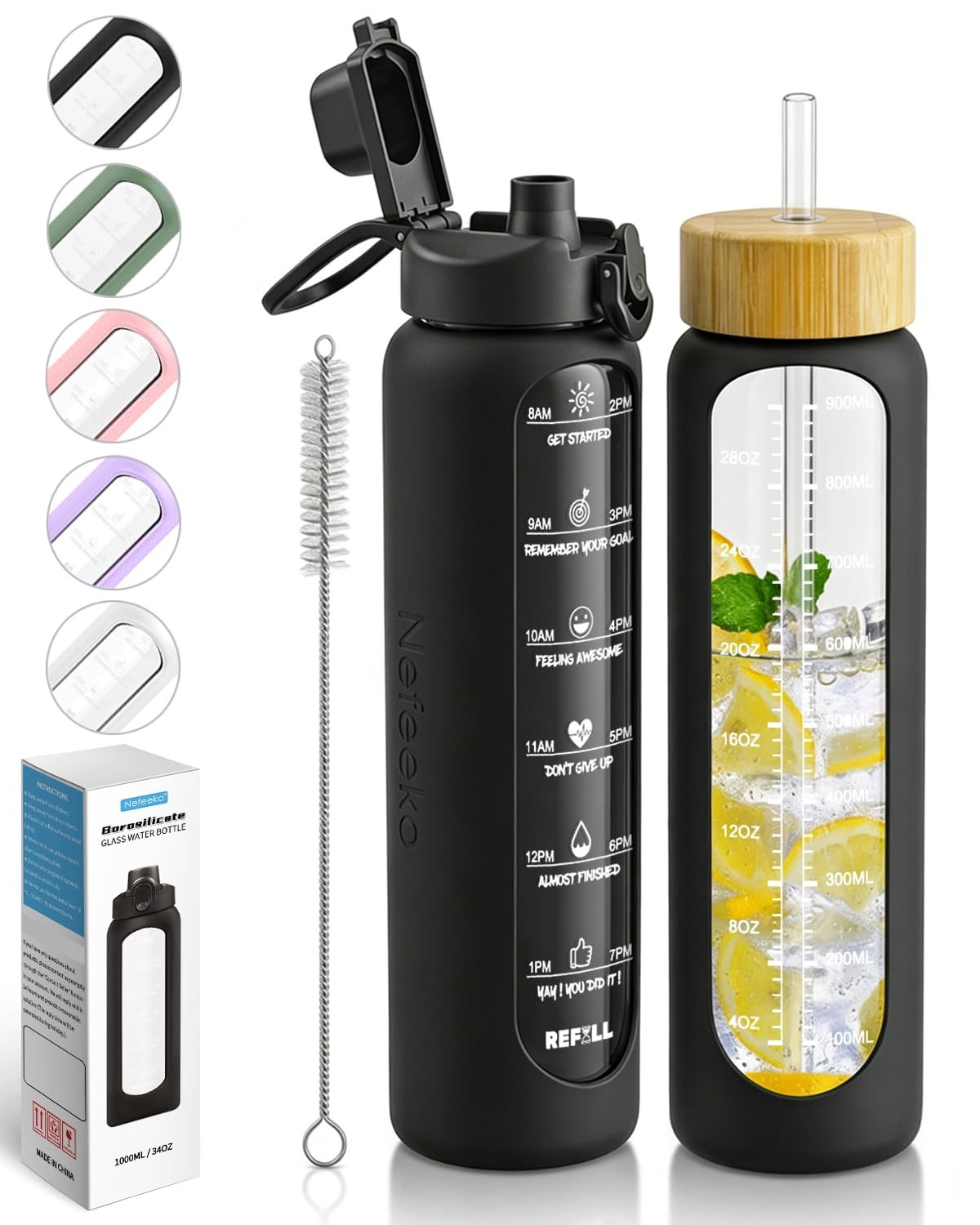 32 oz Glass Water Bottles with Straw, Time Marker, Motivational 1 Liter BPA L...