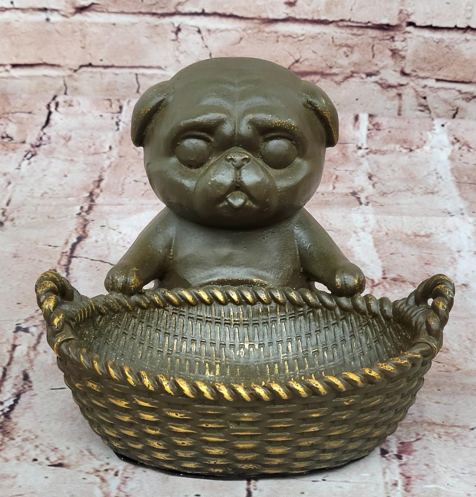 Cute Puppy Bronze Sculpture by M. Lopez Signed Dog Figurine Tray Decorative Art