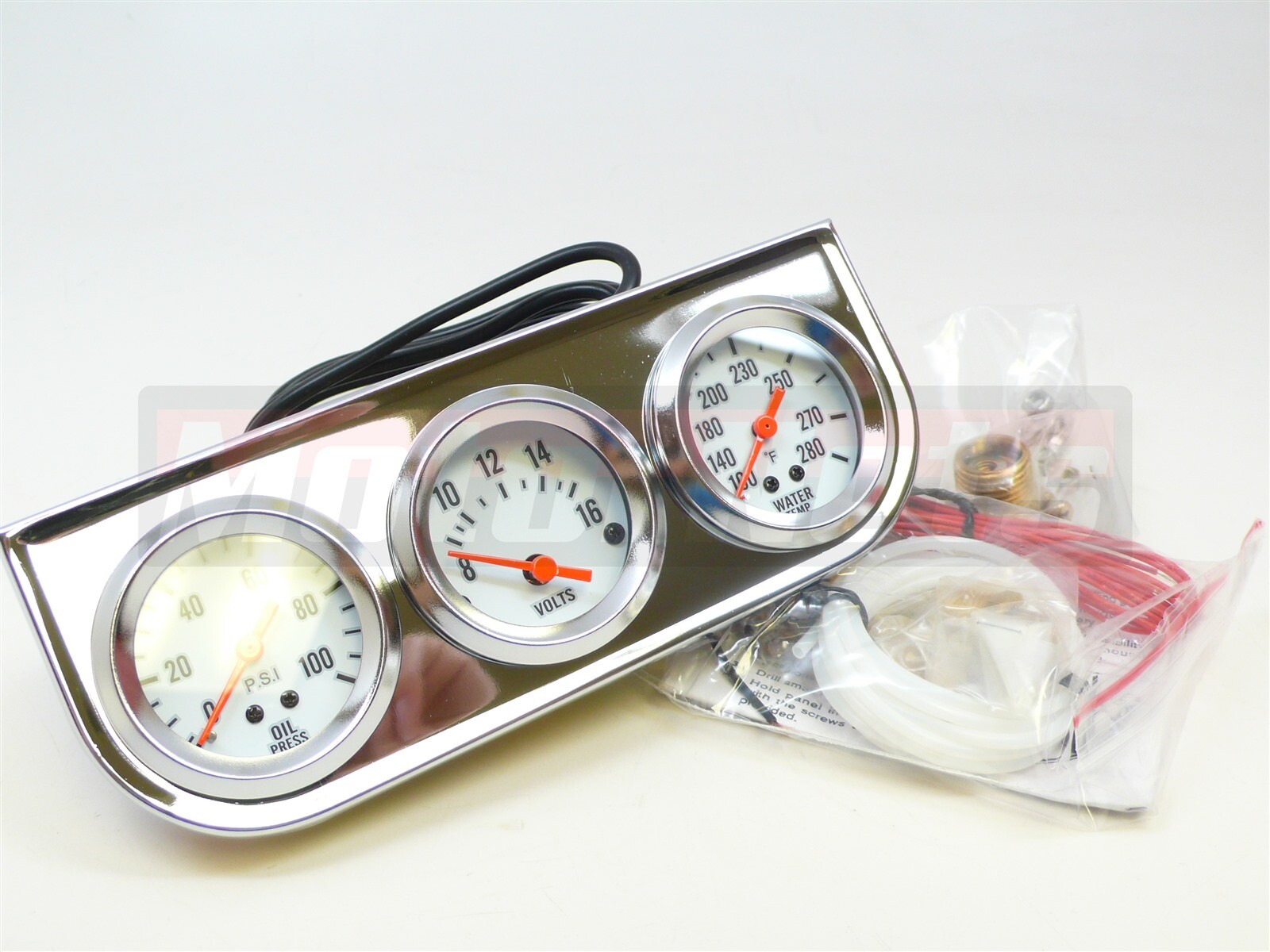 Hot Rod 2" Chrome Mechanical e Oil Pressure Water Temp. Volt Triple 3 Gauge set