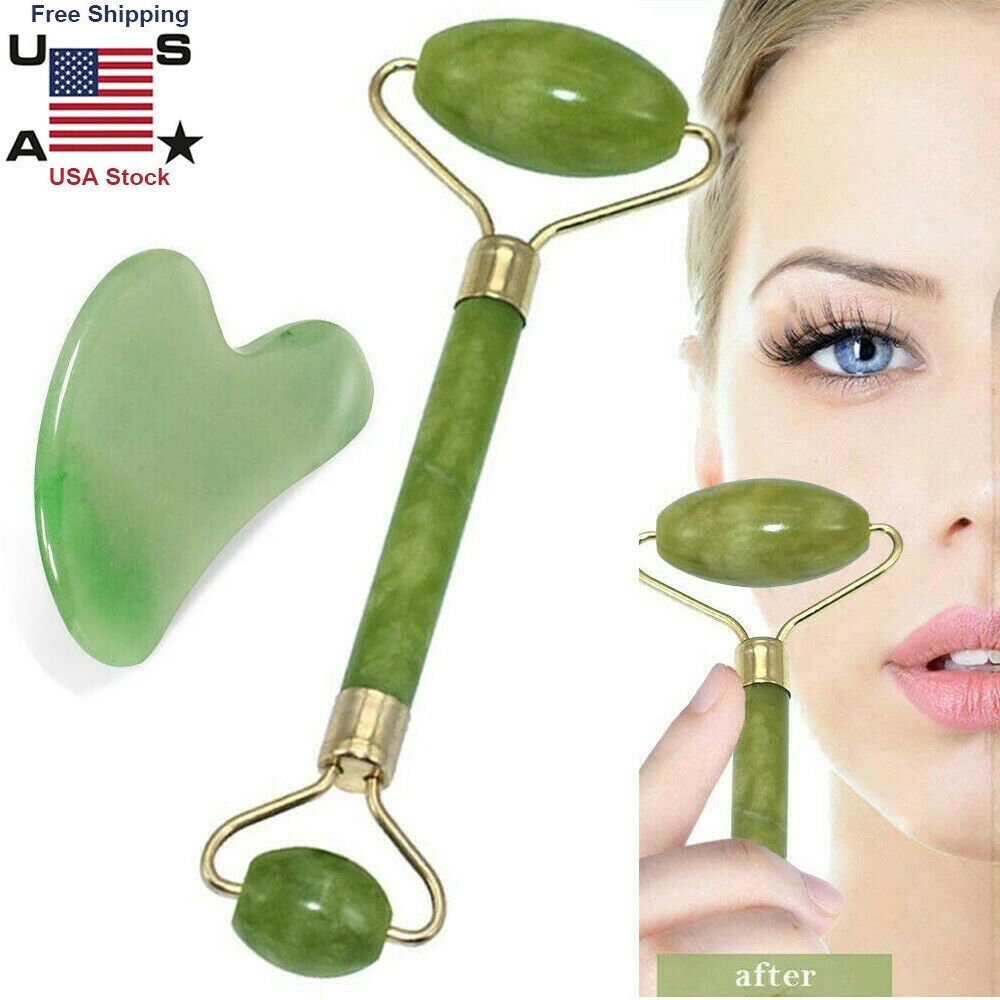 Natural Jade Gua Sha Beauty Facial Roller Gua Sha Board Set Face Massager Tool