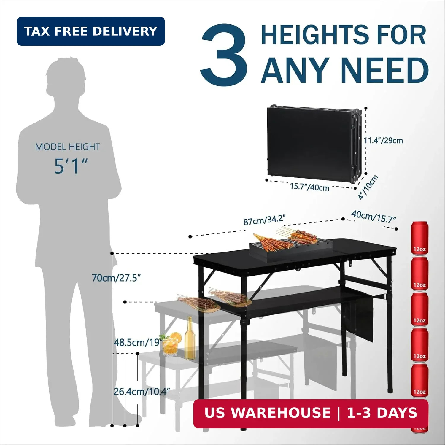 Folding Camping Table with 3 Adjustable Height, 3ft Foldable Aluminum Cam