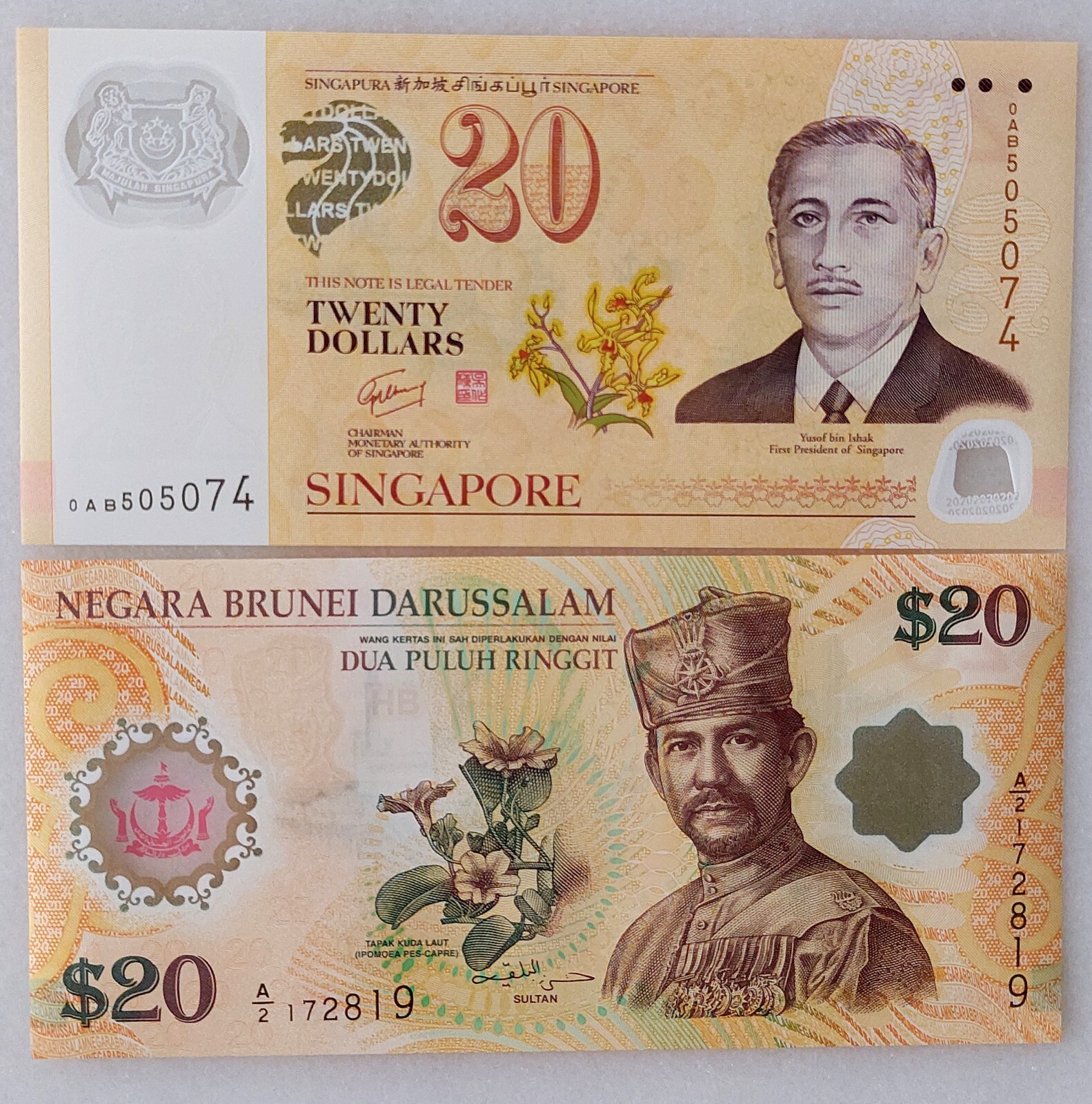 Singapore and Brunei 2007 $20 pair commemorating 40 years of CIA. GEM UNC.