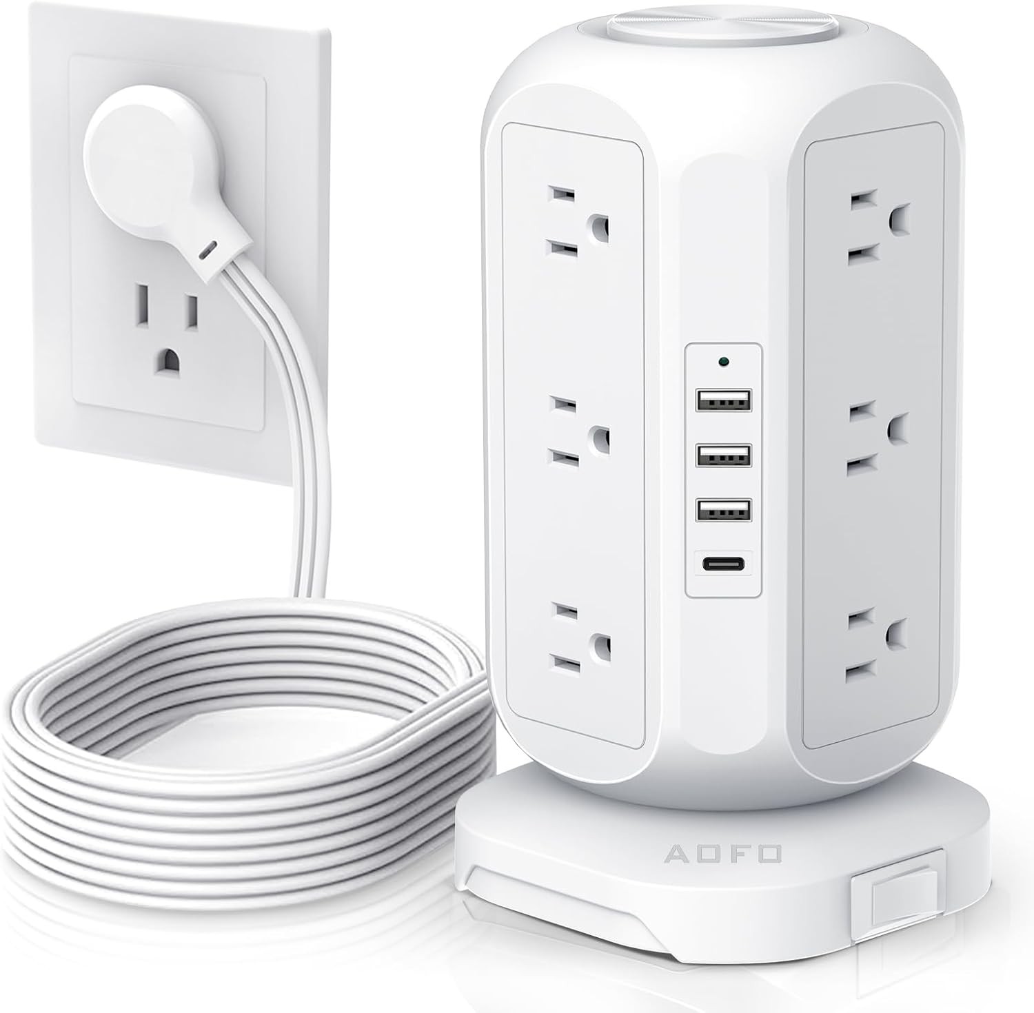 Tower Power Strip Flat Plug 12 Outlets 4 USB USB-C 10FT Surge Protector
