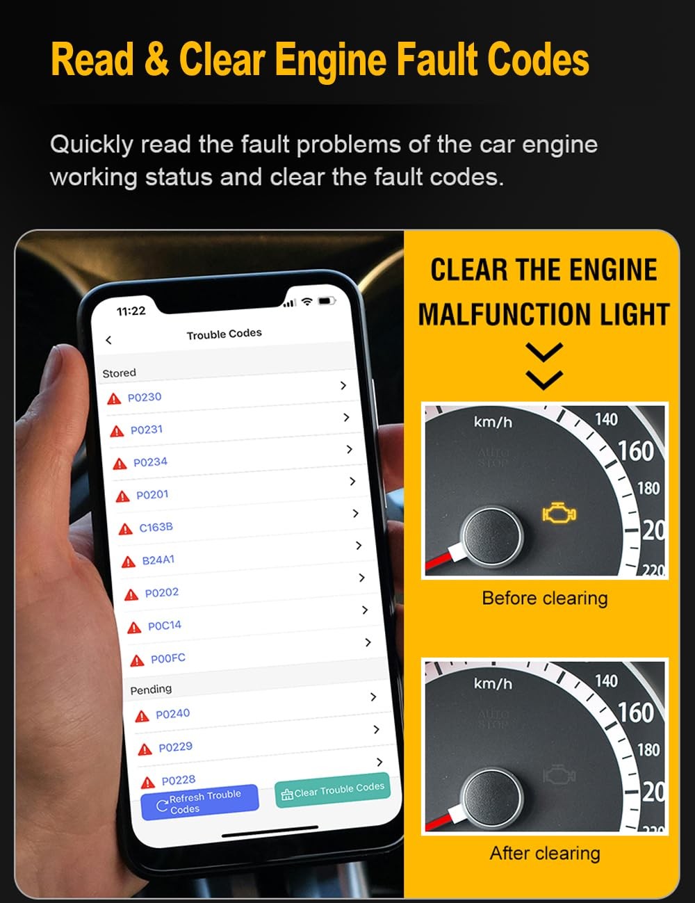 FlyroadUp OBD2 Scanner Bluetooth for iPhone iOS Android OBDII Diagnostic Scan...