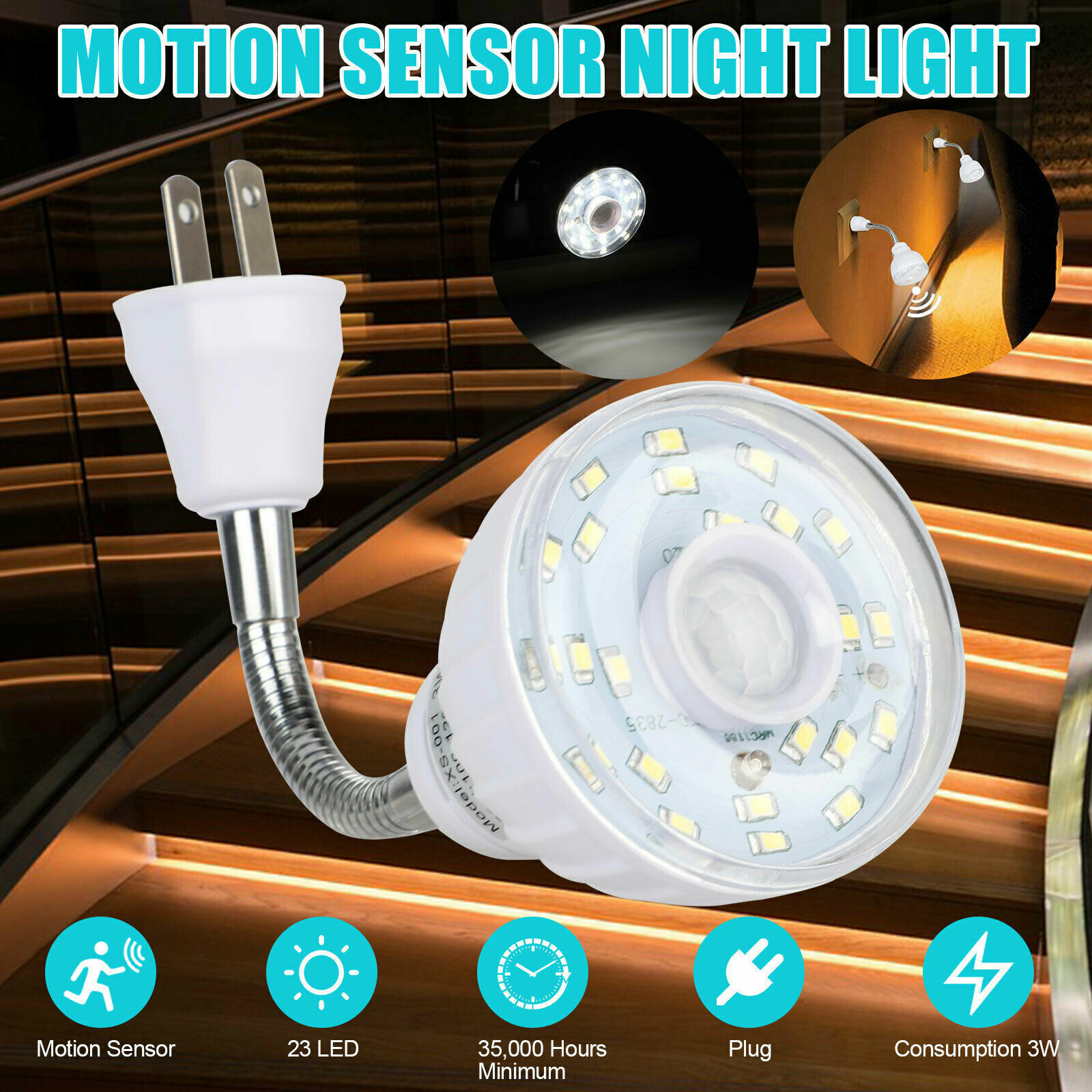 LED Motion-Activated Sensor Night Light Indoor AC Outlet Plug-In Wall Stair Lamp