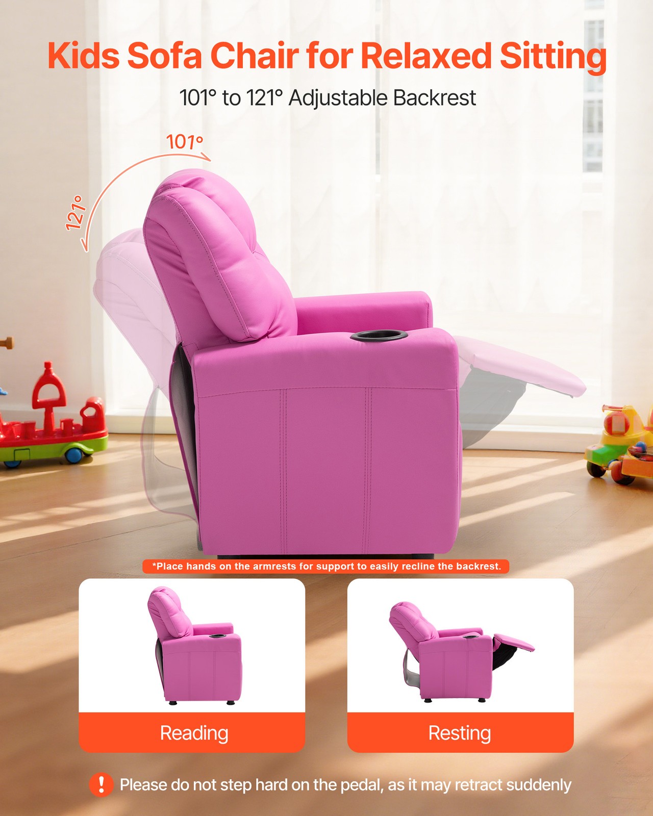 VEVOR Kids Reclining Chair PU Leather Toddler Recliner with Cup Holder (Pink)